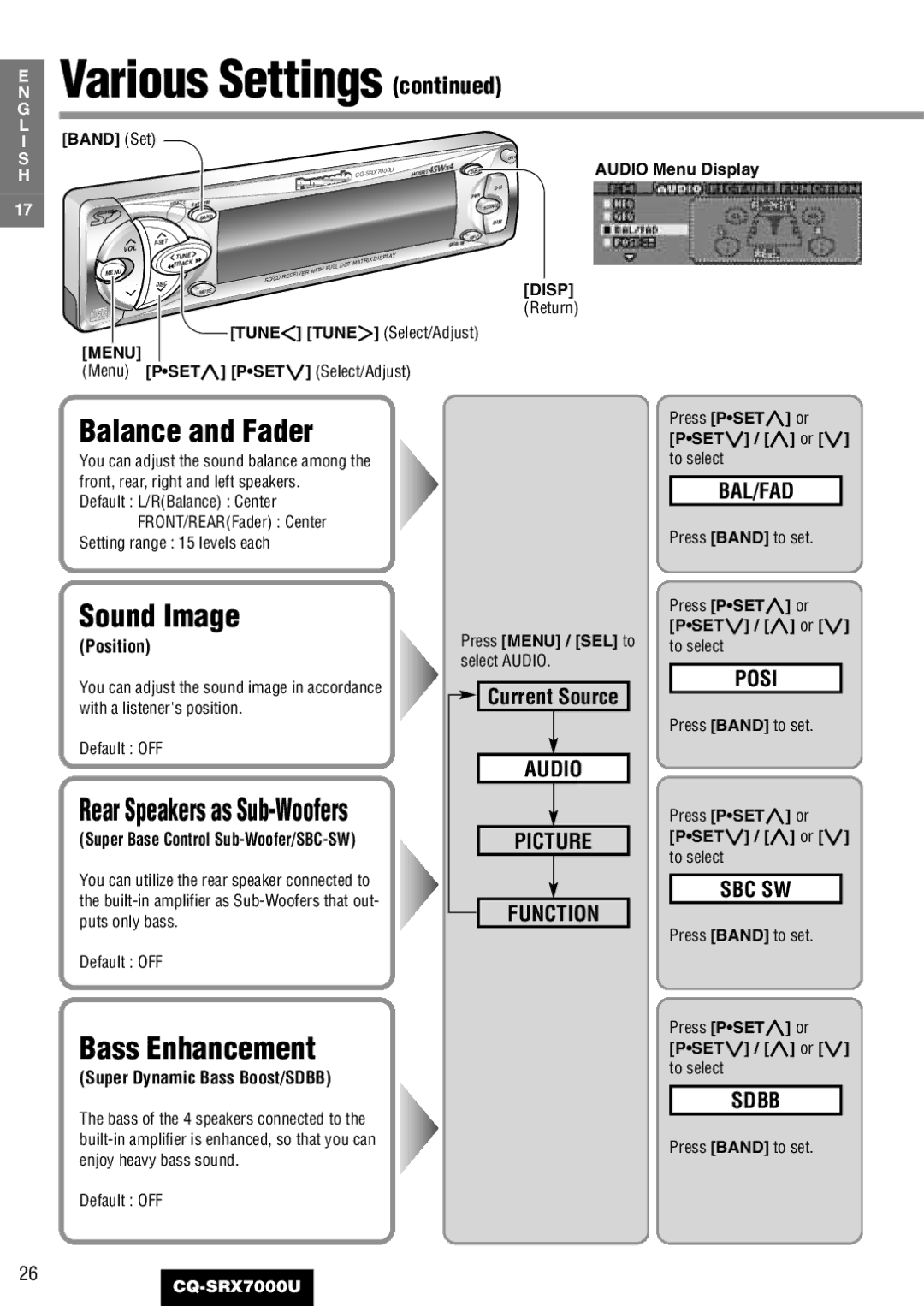 Panasonic CQ-SRX7000U manual Various Settings, Balance and Fader, Sound Image, Bass Enhancement 