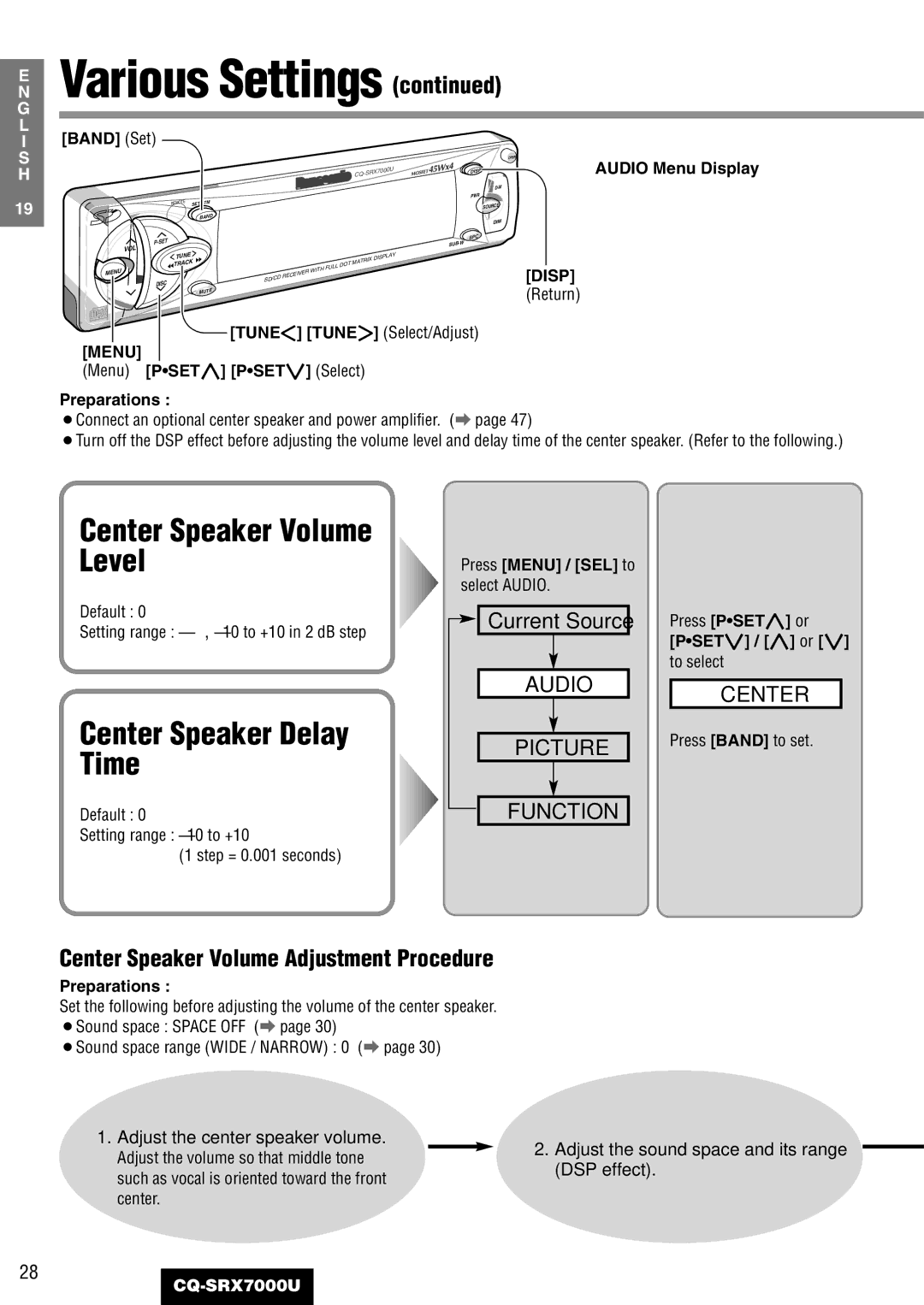 Panasonic CQ-SRX7000U manual Center Speaker Volume Level, Center Speaker Delay Time, Adjust the center speaker volume 