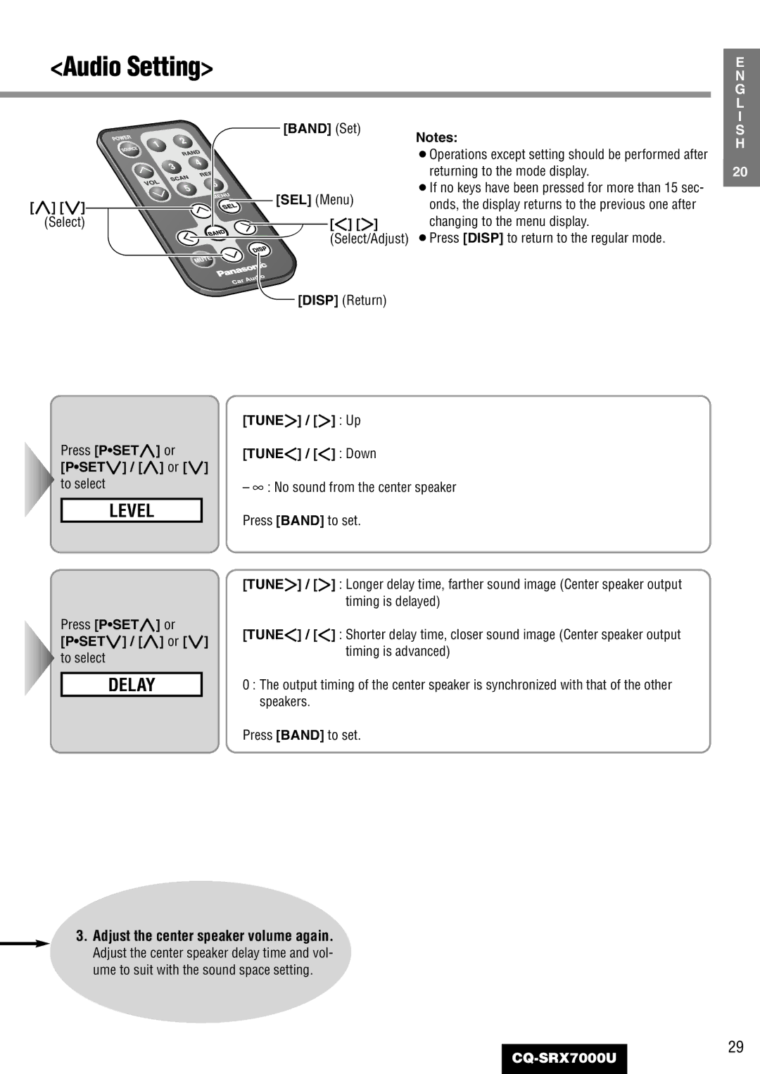 Panasonic CQ-SRX7000U manual Adjust the center speaker volume again, Select, Pset / or Band Set SEL Menu 