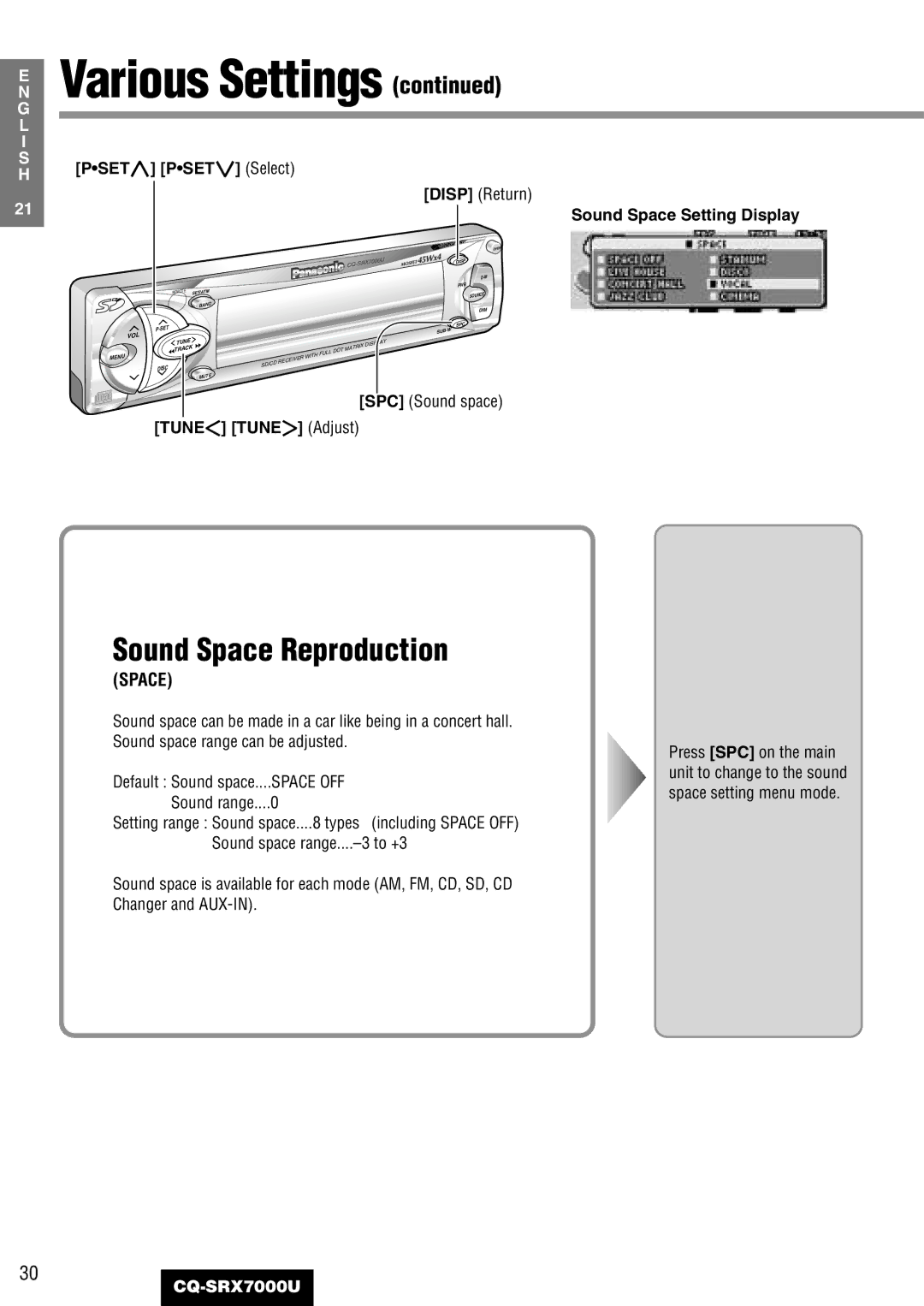 Panasonic CQ-SRX7000U manual Sound Space Reproduction, Pset Pset Select, Disp Return, Sound Space Setting Display 