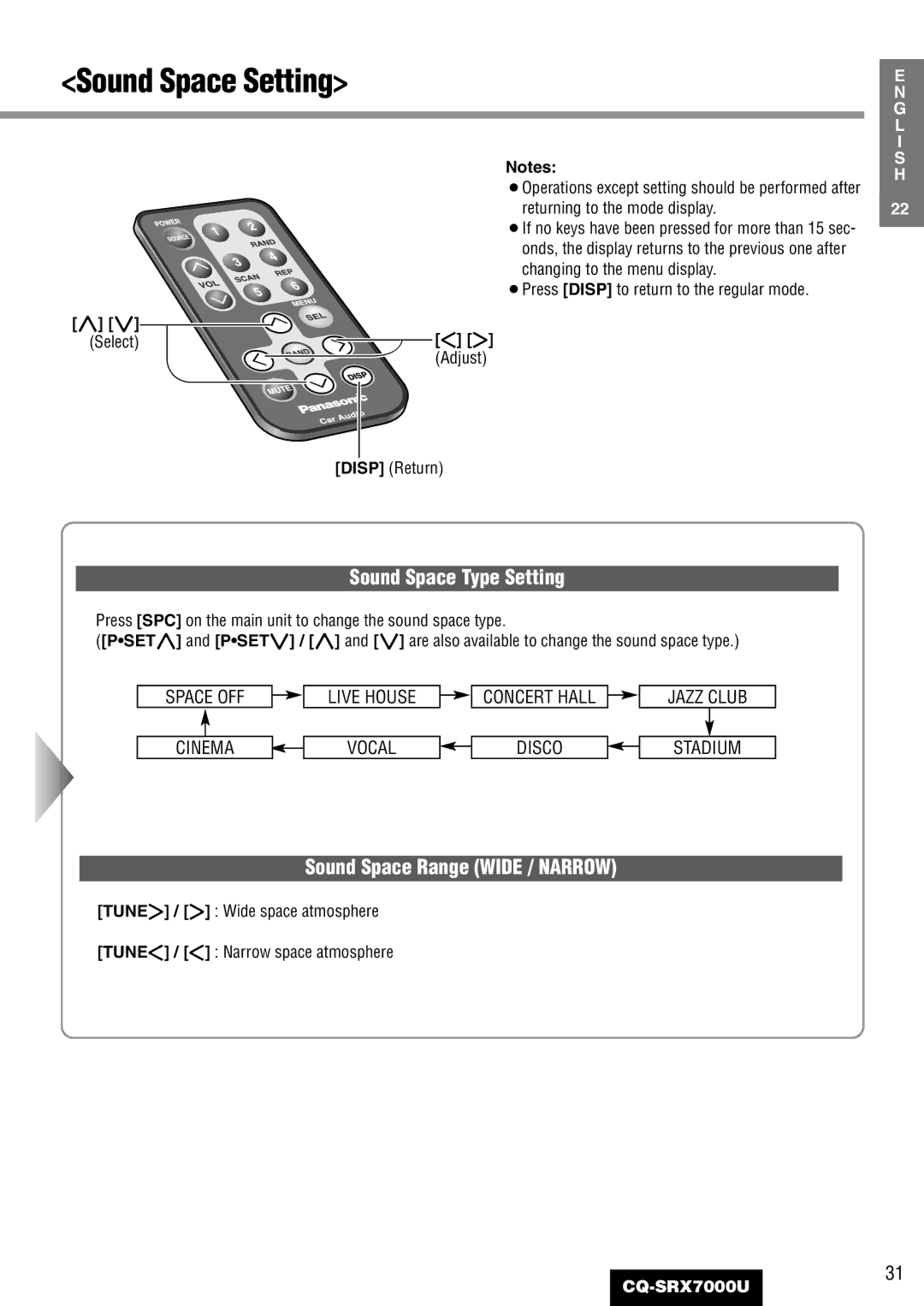 Panasonic CQ-SRX7000U manual Sound Space Type Setting, Adjust, Tune / Wide space atmosphere Tune / Narrow space atmosphere 