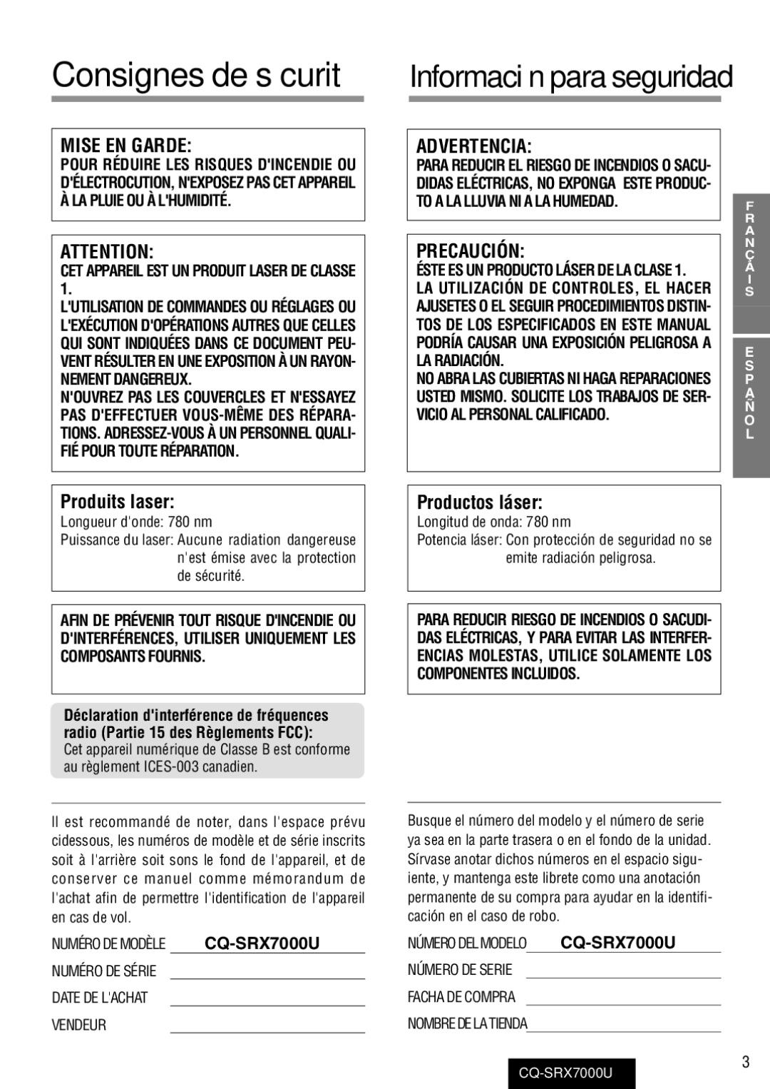 Panasonic CQ-SRX7000U manual Consignes de sécurité 