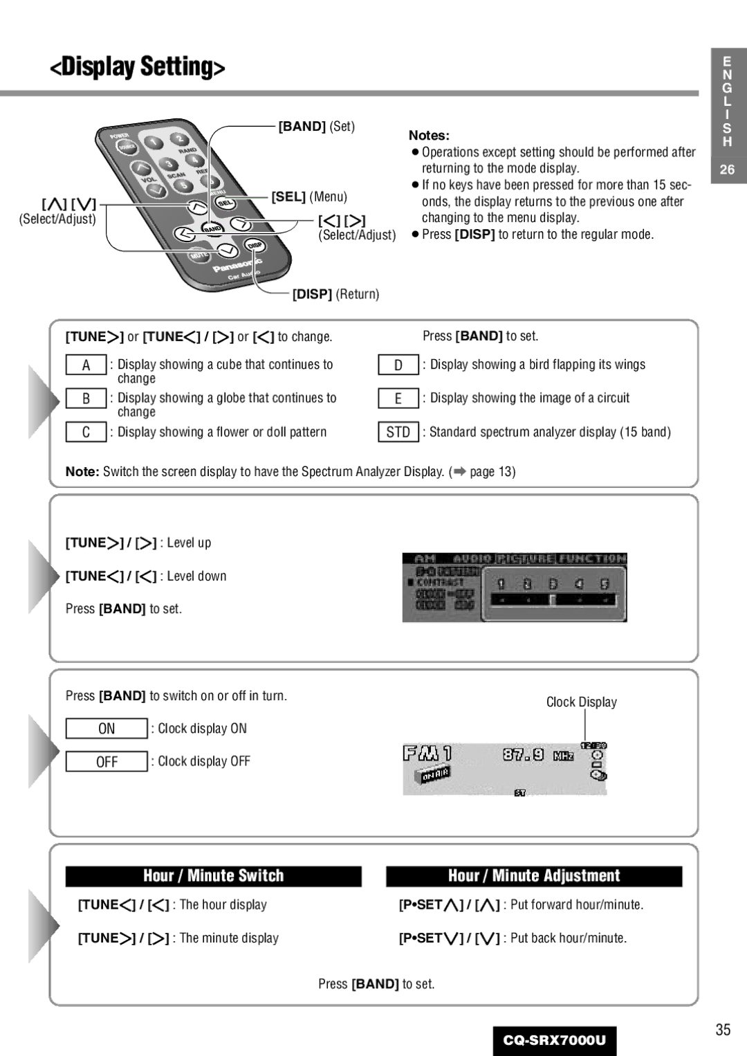 Panasonic CQ-SRX7000U manual Hour / Minute Switch Hour / Minute Adjustment, Tune or Tune / or to change, Tune / Level up 