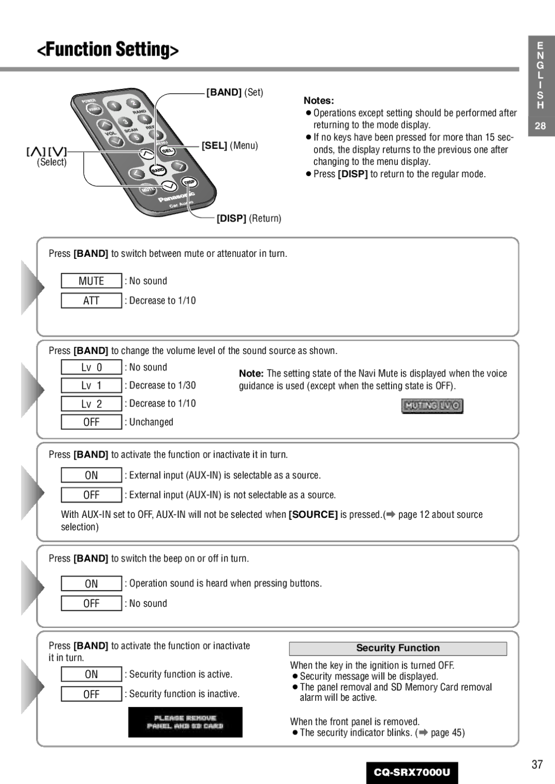 Panasonic CQ-SRX7000U manual Band Set SEL Menu Select, Security Function 