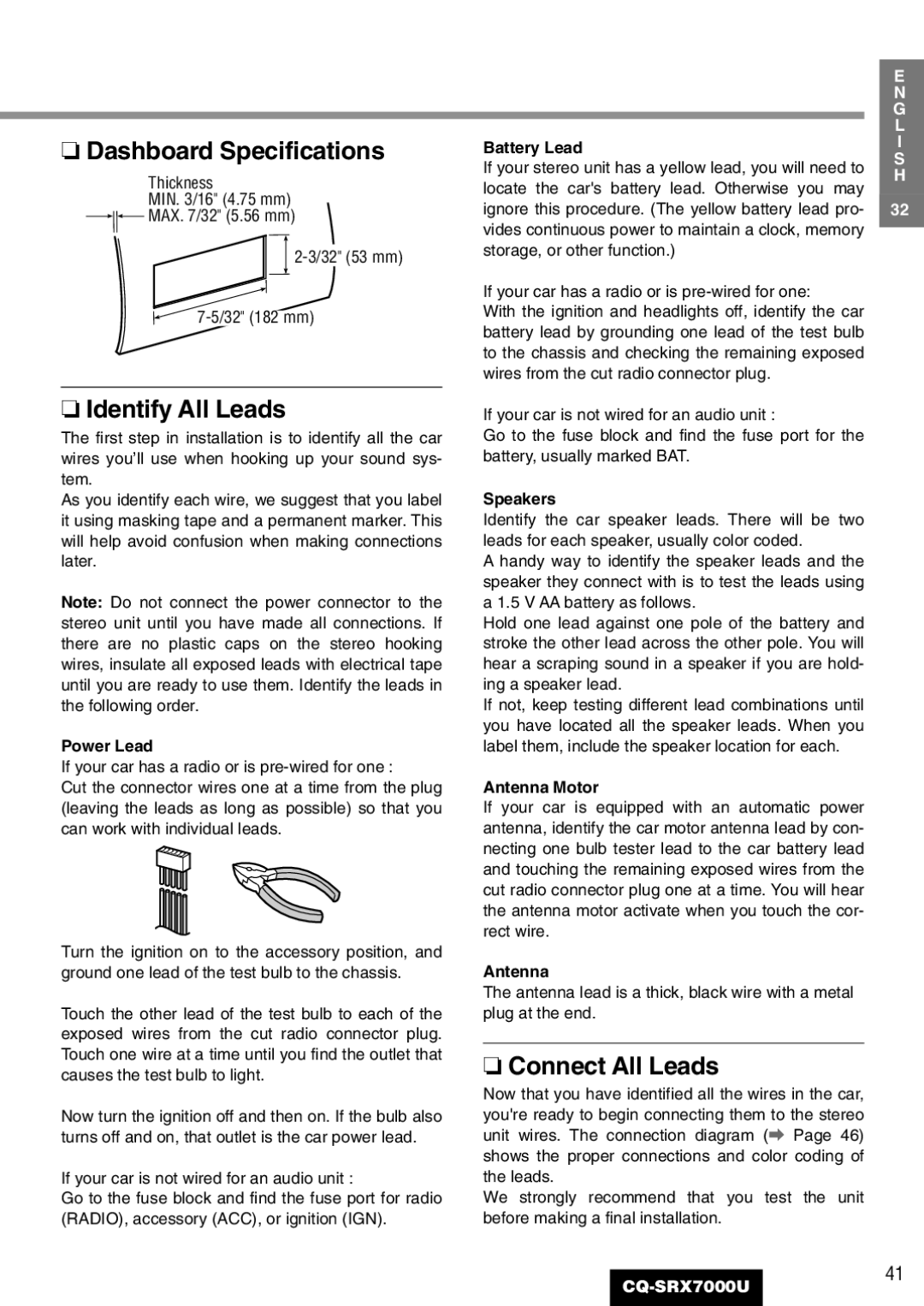 Panasonic CQ-SRX7000U manual Dashboard Specifications, Identify All Leads, Connect All Leads 