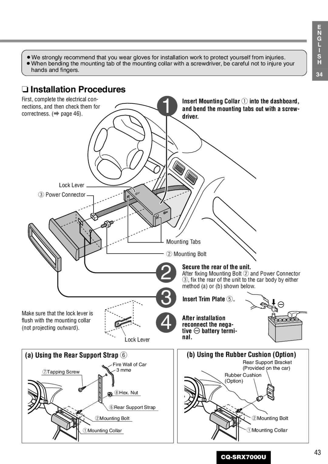 Panasonic CQ-SRX7000U Insert Mounting Collar q into the dashboard, Bend the mounting tabs out with a screw, Driver, Nal 