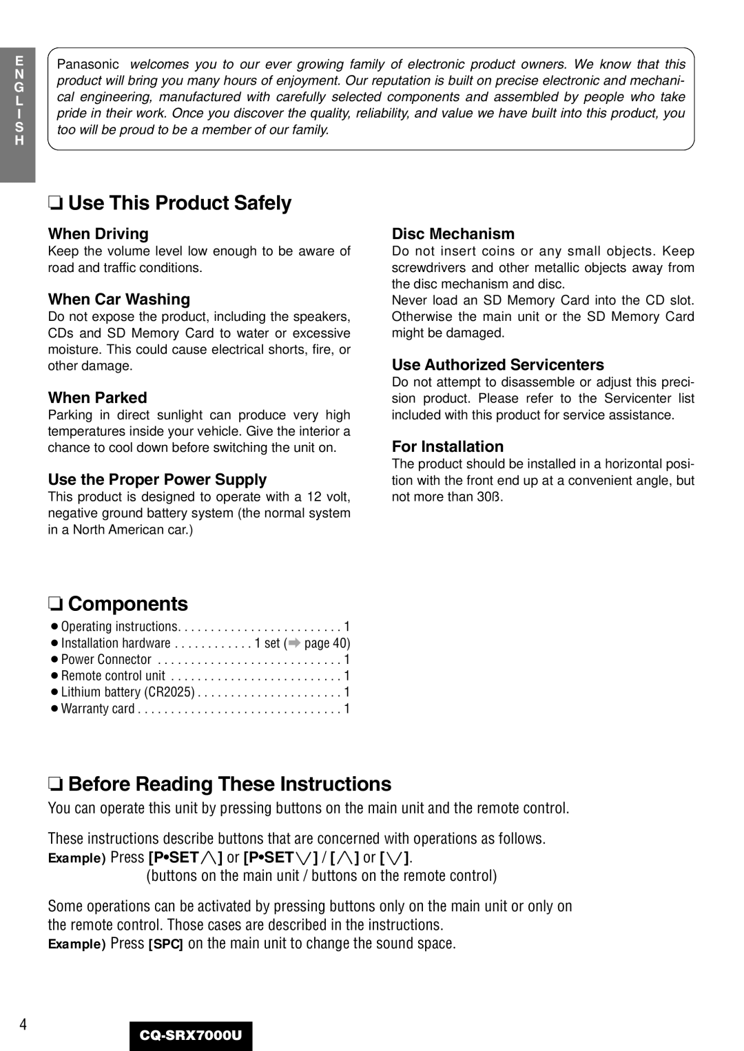 Panasonic CQ-SRX7000U manual Use This Product Safely, Components, Before Reading These Instructions 