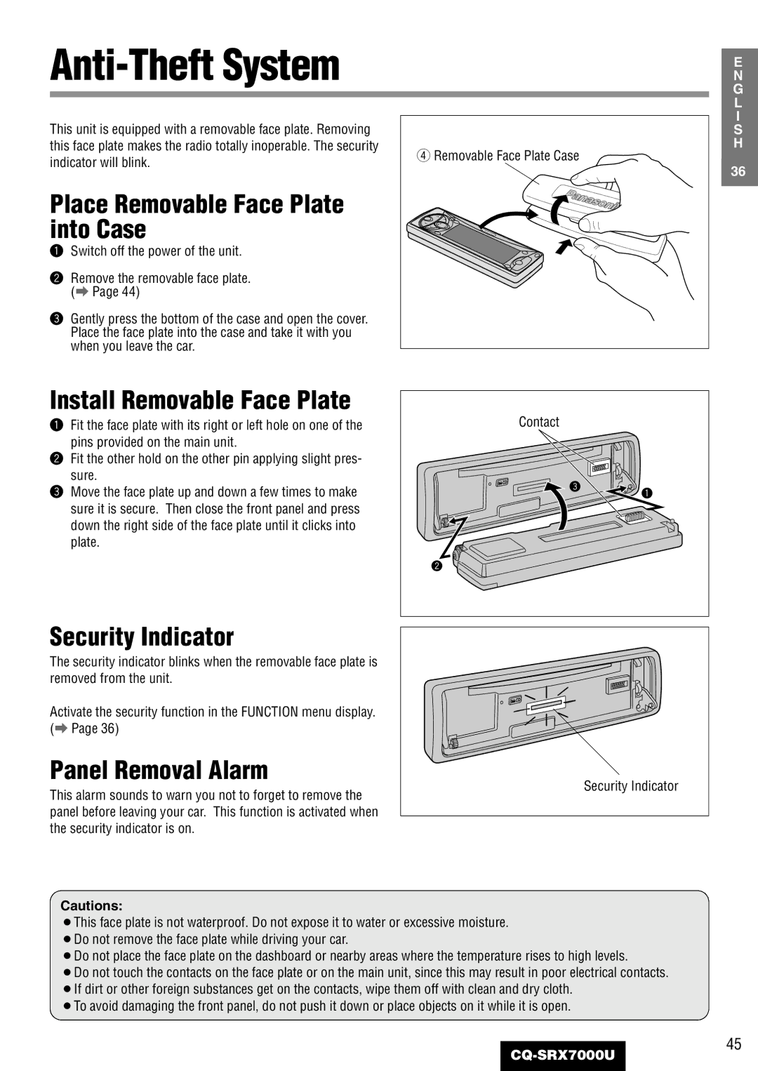 Panasonic CQ-SRX7000U manual Anti-Theft System, Place Removable Face Plate into Case, Install Removable Face Plate 