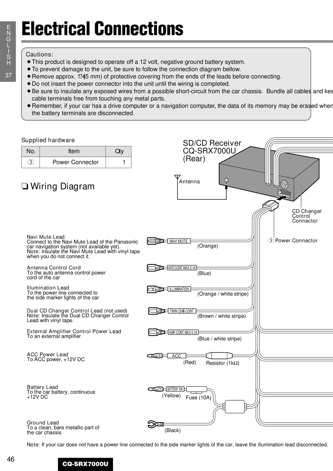 Panasonic CQ-SRX7000U manual Electrical Connections, Wiring Diagram, Supplied hardware 