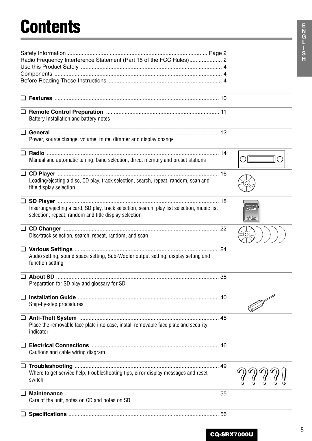 Panasonic CQ-SRX7000U manual Contents 