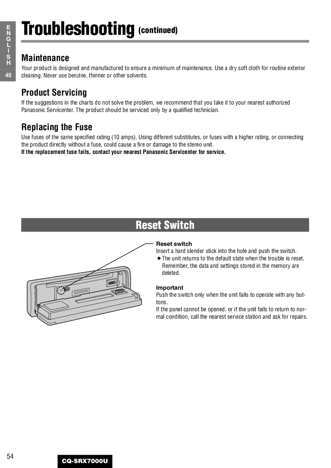 Panasonic CQ-SRX7000U manual Maintenance, Product Servicing, Replacing the Fuse, Reset switch 