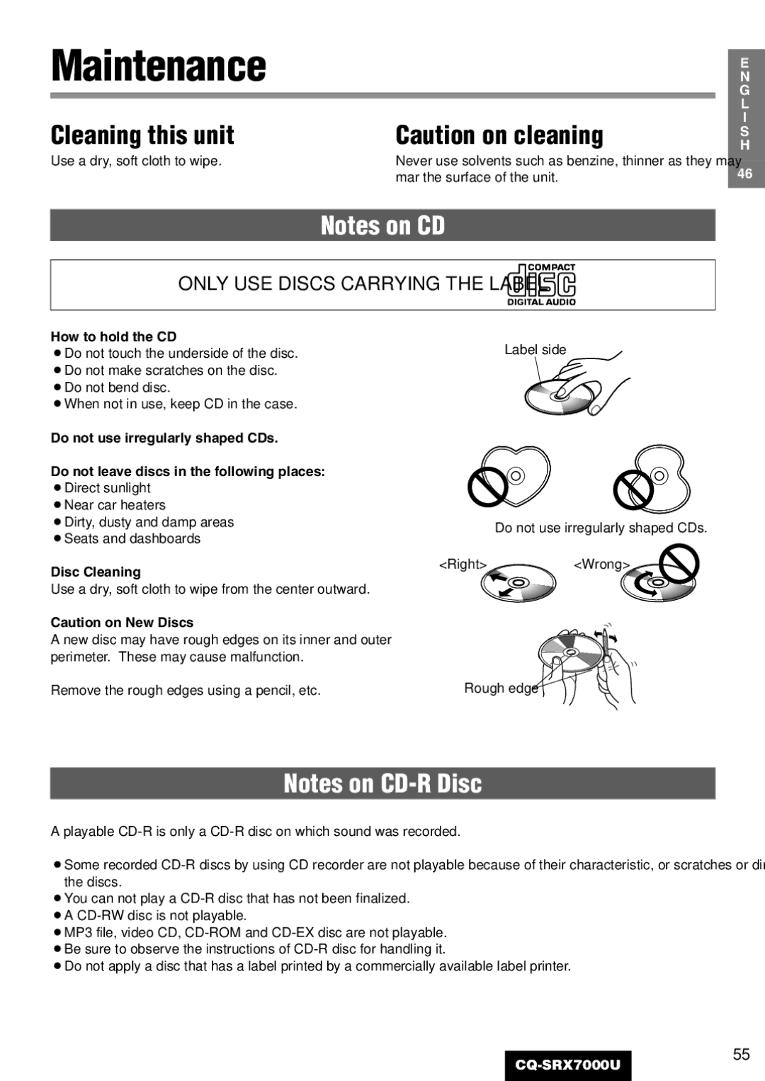 Panasonic CQ-SRX7000U manual Maintenance, Cleaning this unit, How to hold the CD, Disc Cleaning 