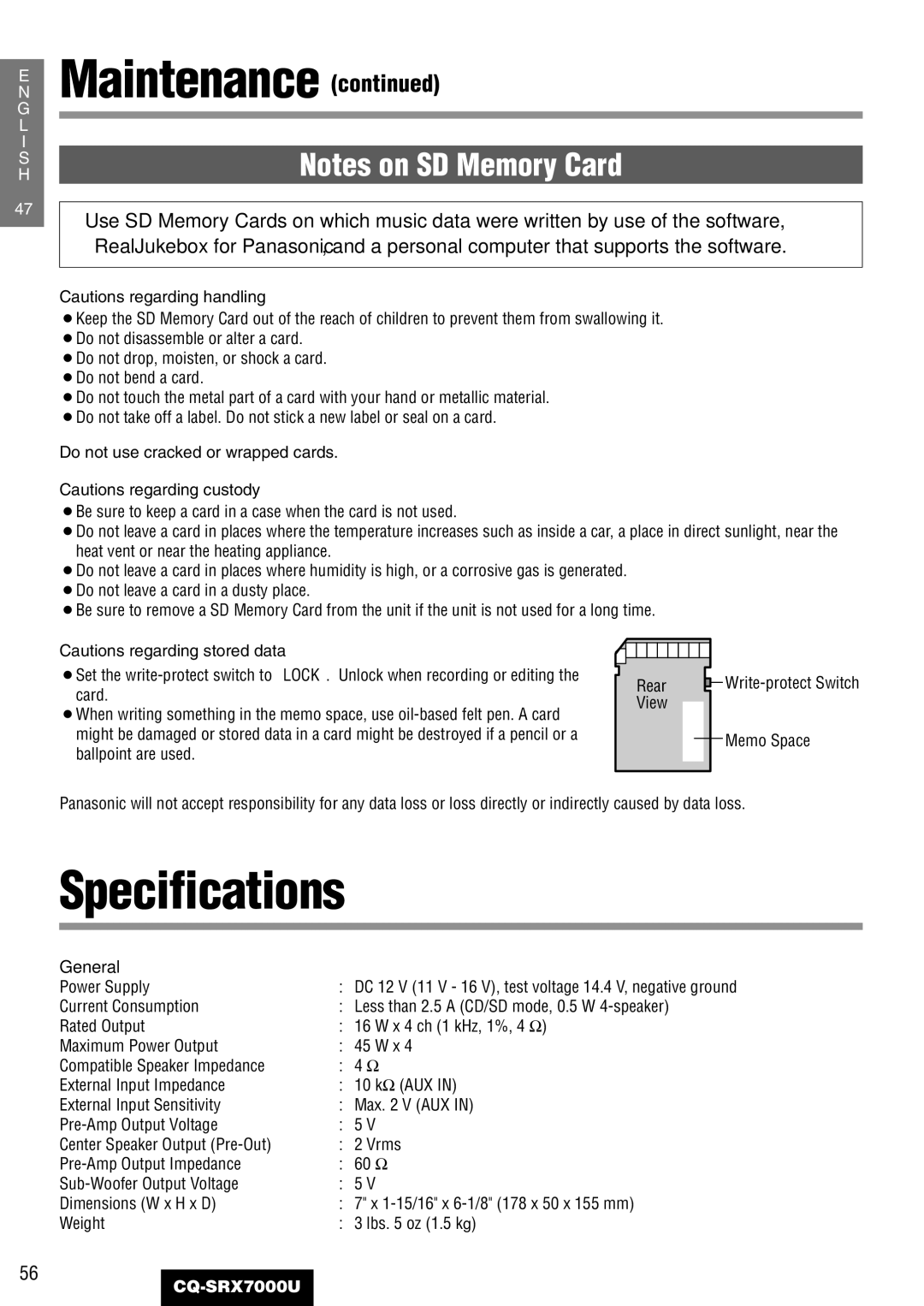 Panasonic CQ-SRX7000U manual Specifications, General, Do not use cracked or wrapped cards, Memo Space, Power Supply 