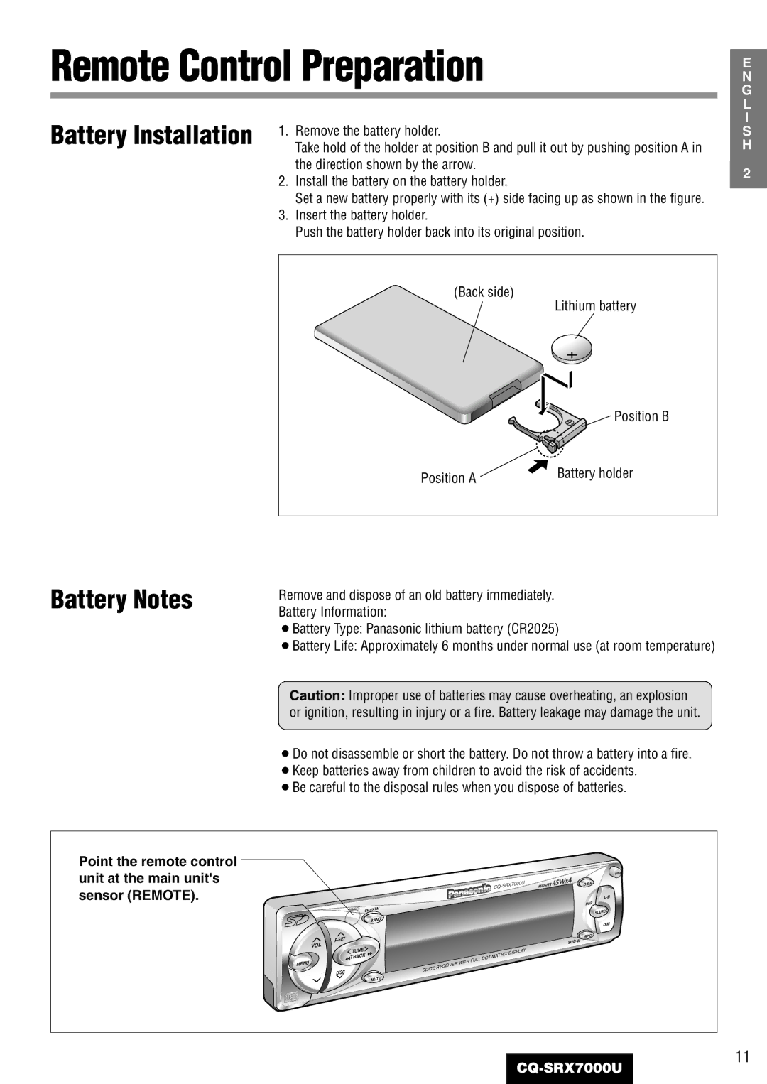 Panasonic CQ-SRX7000U manual Remote Control Preparation, Battery Notes, Point the remote control Unit at the main units 