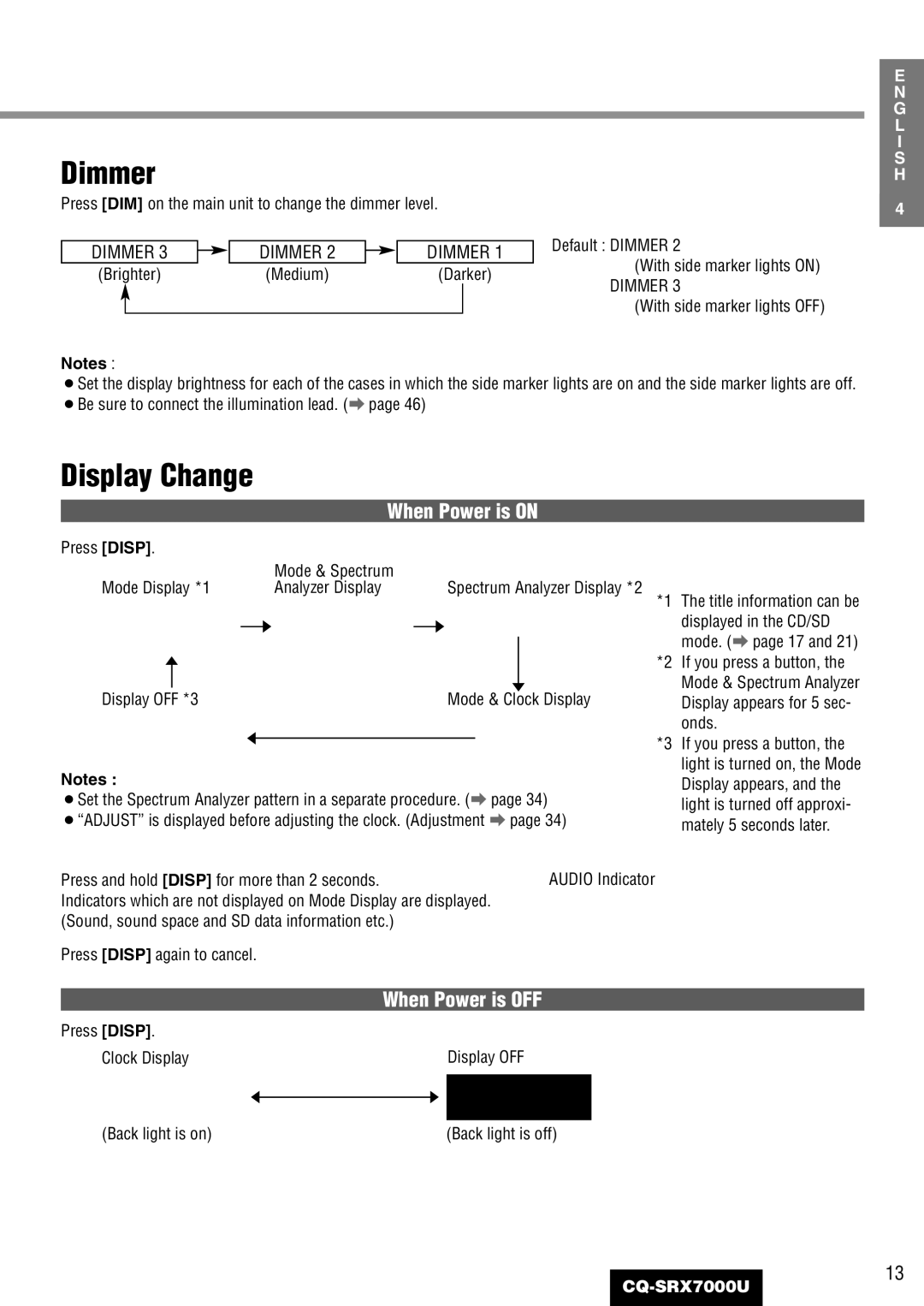 Panasonic CQ-SRX7000U manual Dimmer, Display Change, When Power is on, When Power is OFF 