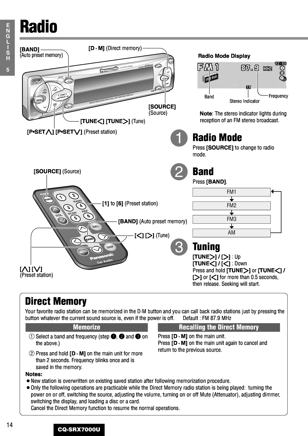 Panasonic CQ-SRX7000U manual Radio Mode, Band, Tuning, Direct Memory, Memorize 