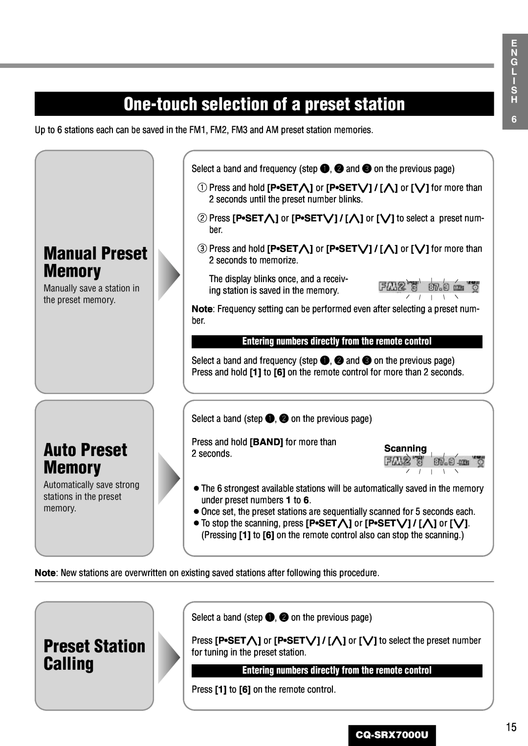 Panasonic CQ-SRX7000U manual One-touchselection of a preset station, Manual Preset, Auto Preset Memory 