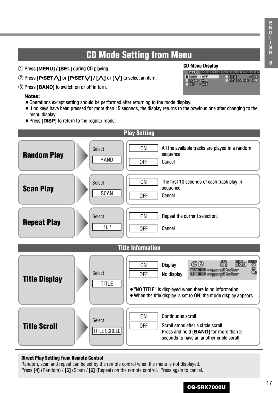 Panasonic CQ-SRX7000U manual CD Mode Setting from Menu, Random Play Scan Play Repeat Play, Title Display Title Scroll 
