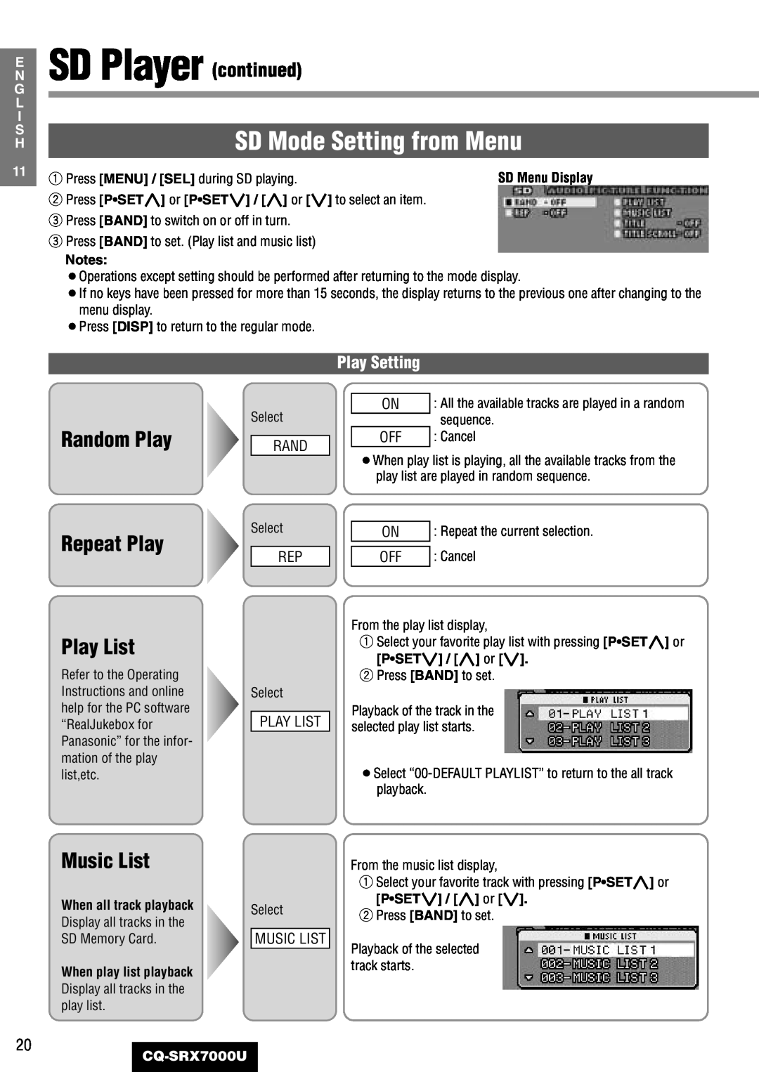 Panasonic CQ-SRX7000U manual SD Mode Setting from Menu, Random Play, Repeat Play, Play List, Music List, Play Setting 