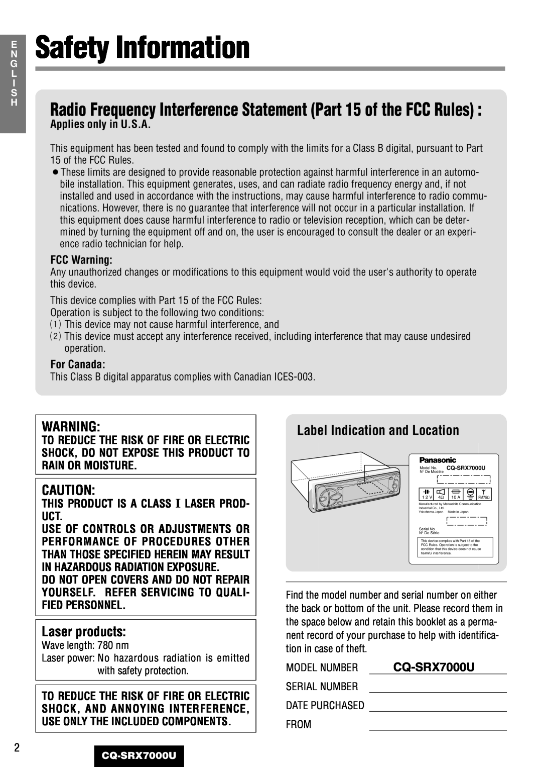 Panasonic CQ-SRX7000U manual E Safety Information, Laser products, Label Indication and Location 