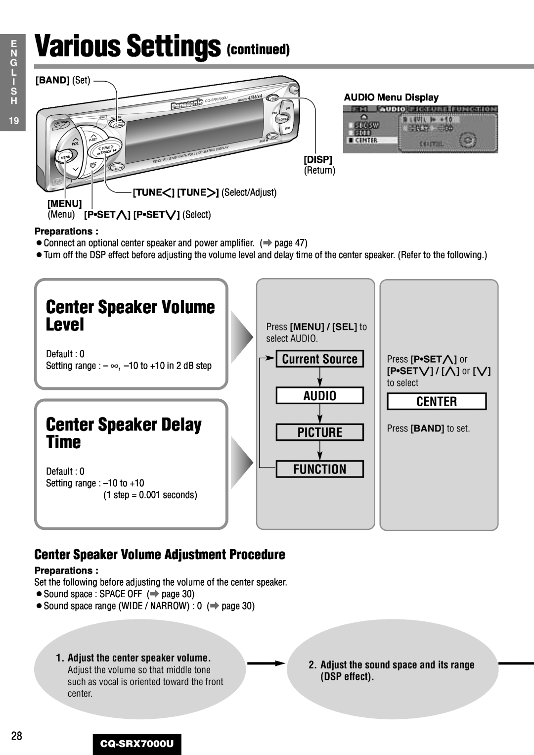 Panasonic CQ-SRX7000U manual Center Speaker Volume Level, Center Speaker Delay Time, Various Settings continued 