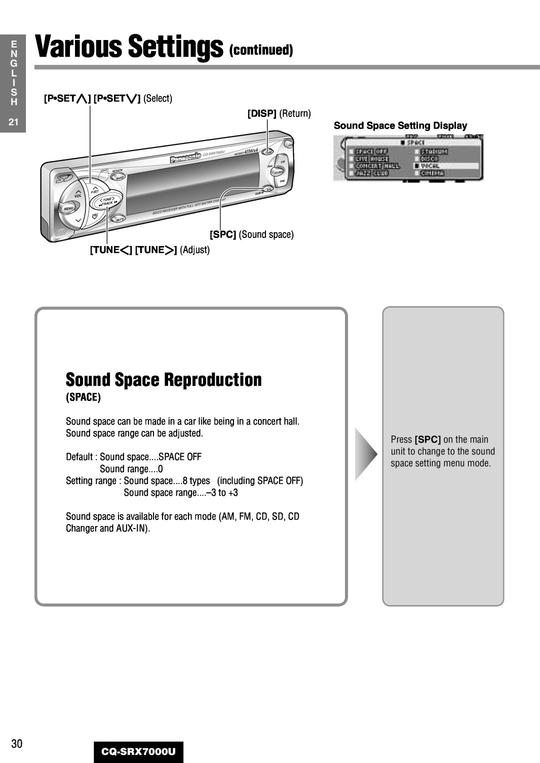 Panasonic CQ-SRX7000U manual E Various Settings continued, Sound Space Reproduction 