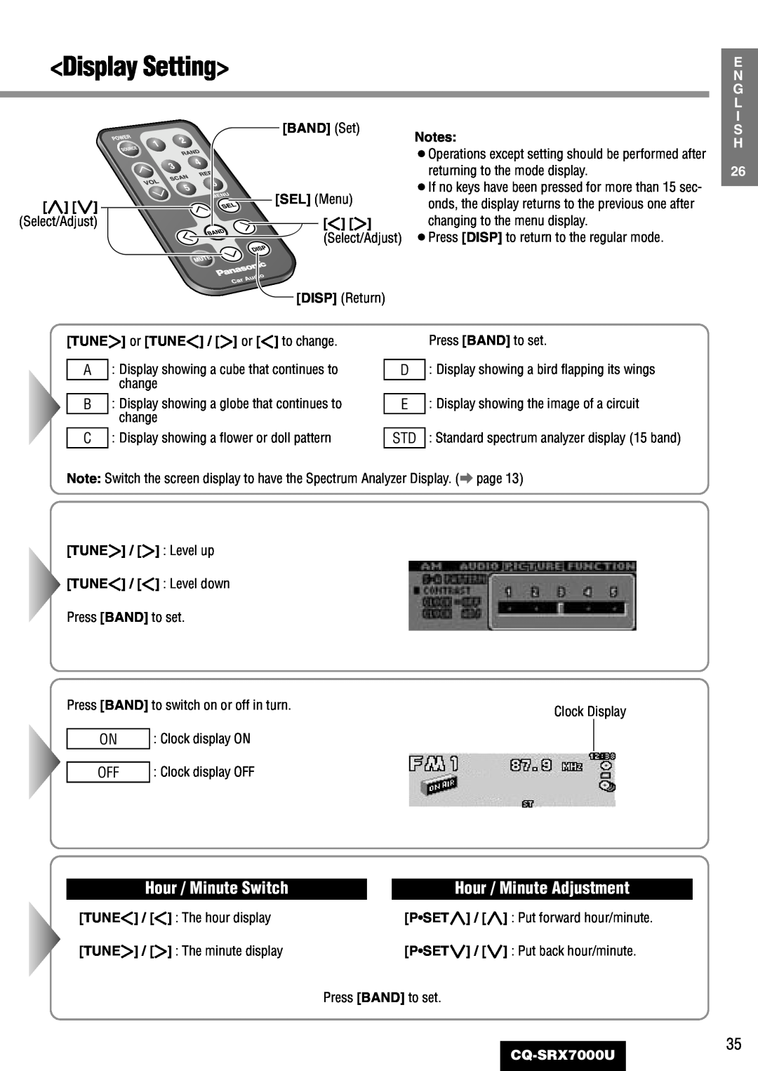 Panasonic CQ-SRX7000U manual Display Setting, Hour / Minute Switch, Hour / Minute Adjustment 