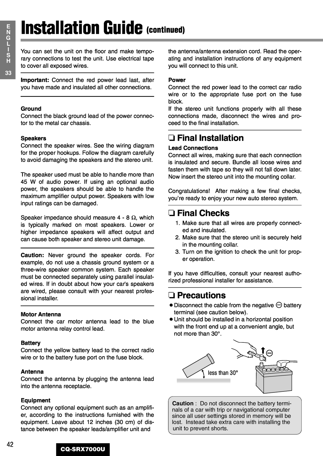 Panasonic CQ-SRX7000U manual Installation Guide continued, Final Installation, Final Checks, Precautions 