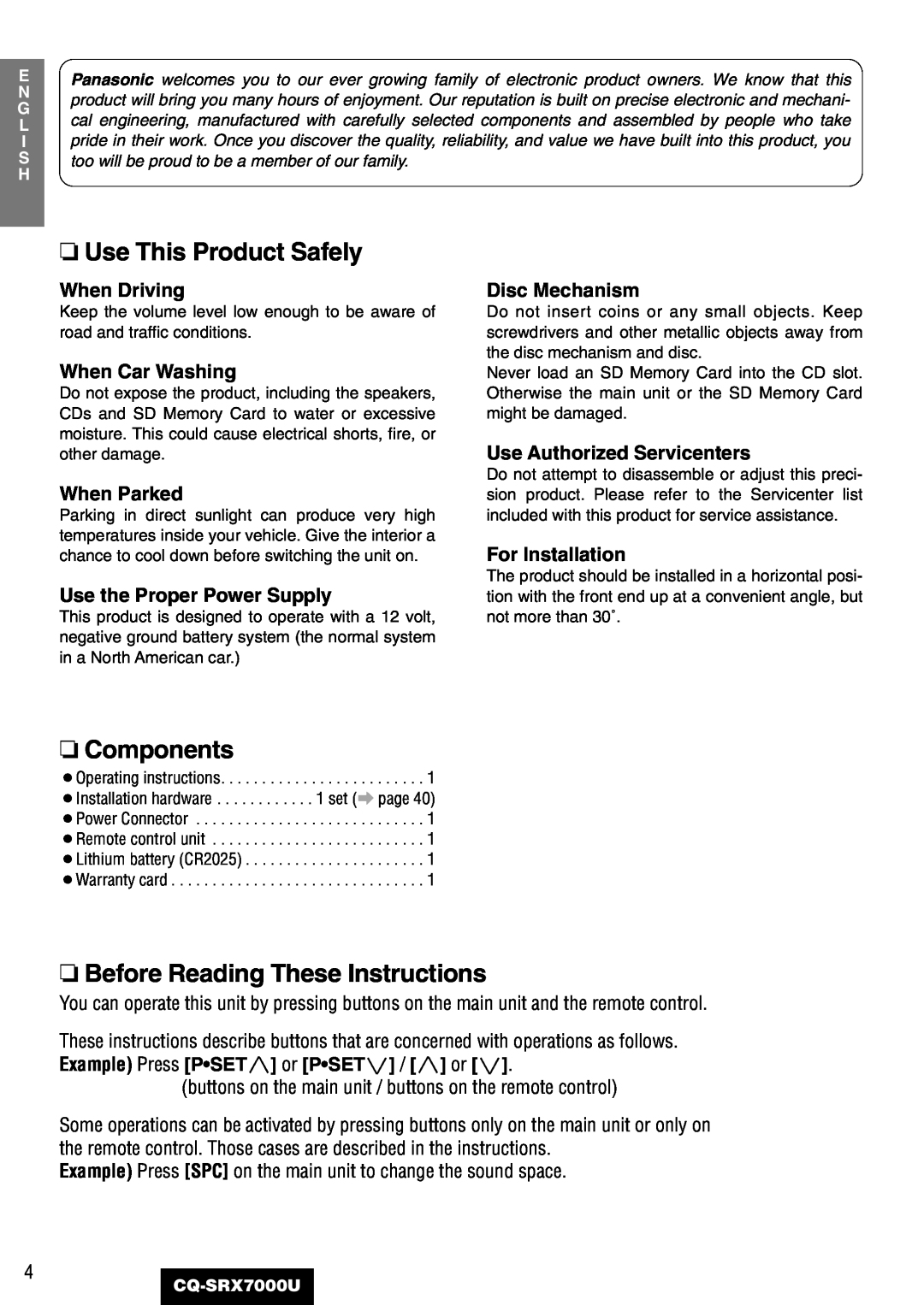 Panasonic CQ-SRX7000U Use This Product Safely, Components, Before Reading These Instructions, When Driving, When Parked 