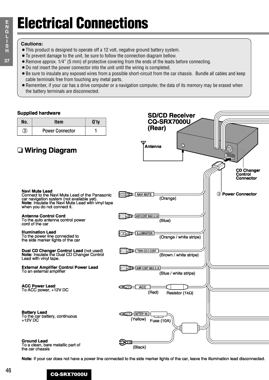 Panasonic CQ-SRX7000U manual Electrical Connections, Wiring Diagram, Rear 