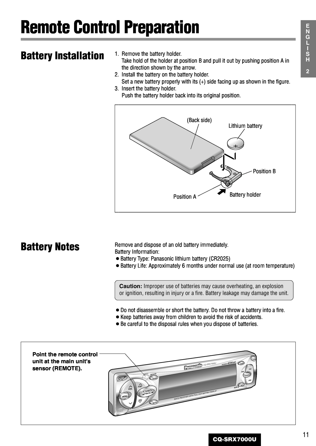 Panasonic CQ-SRX7000U manual Remote Control Preparation, Battery Notes, Battery Installation 