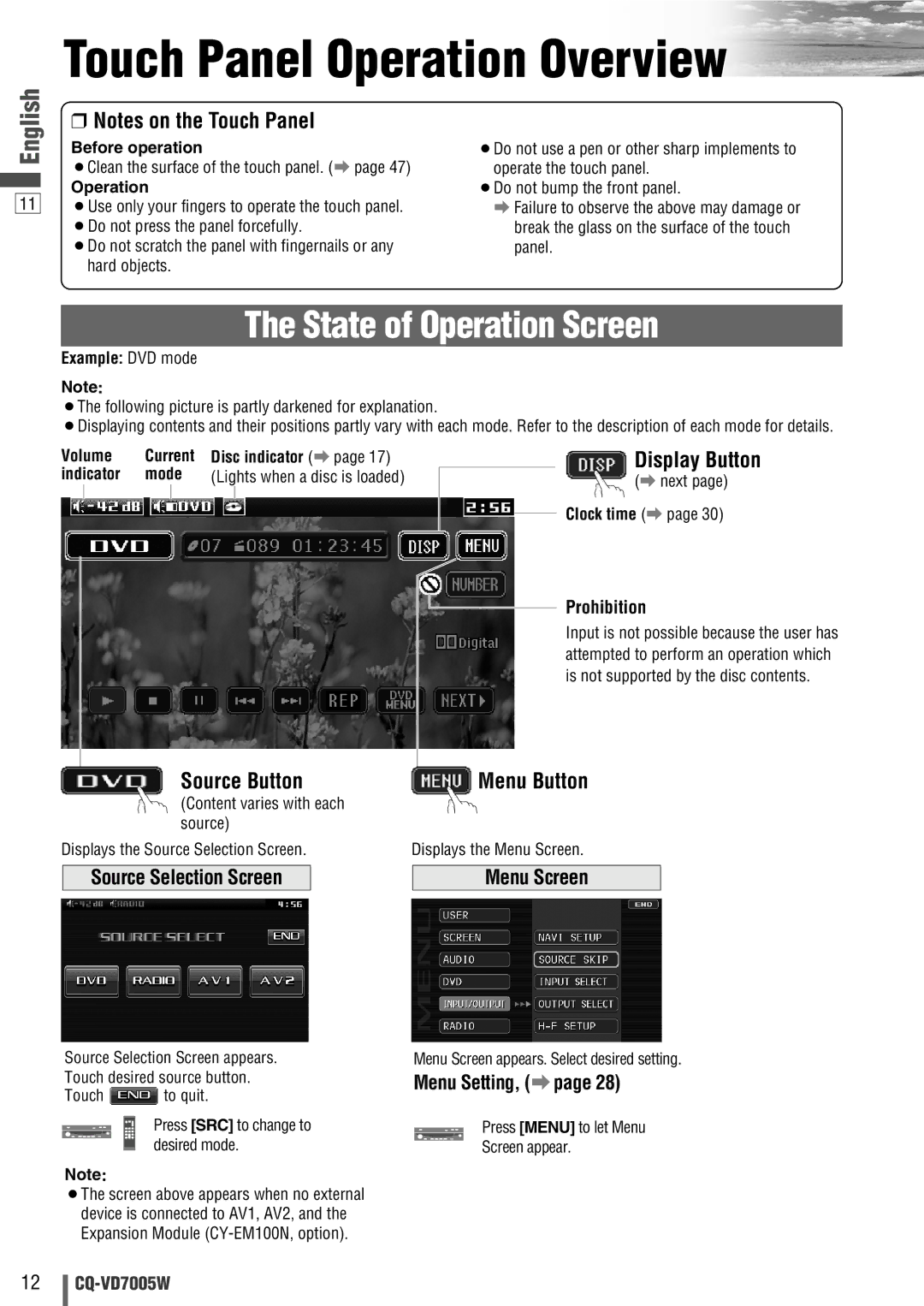 Panasonic CQ-VA7005W Touch Panel Operation Overview, State of Operation Screen, Display Button, Source Button, Menu Button 