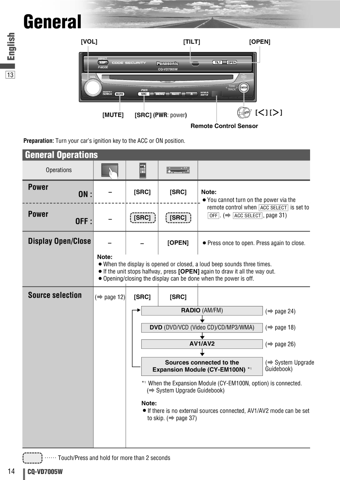 Panasonic CQ-VA7005W manual General Operations, Power, Off, Source selection 