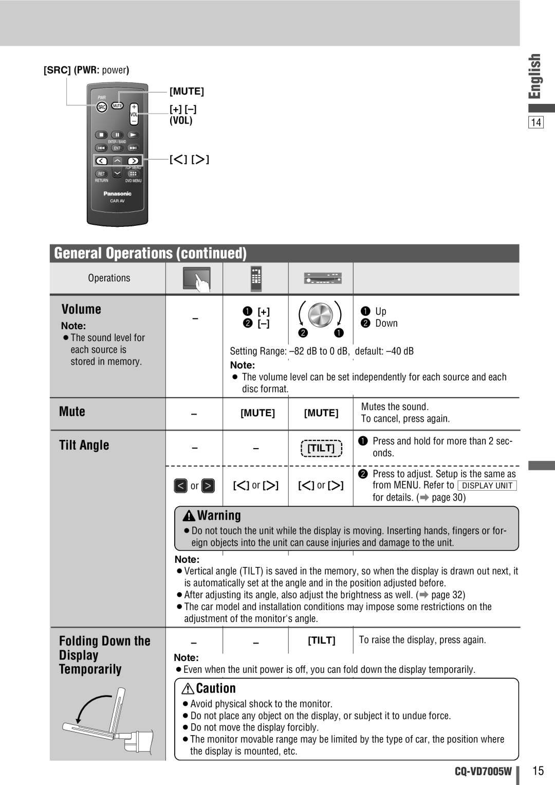 Panasonic CQ-VA7005W manual Volume, Mute, Tilt Angle, Folding Down, Display Temporarily 