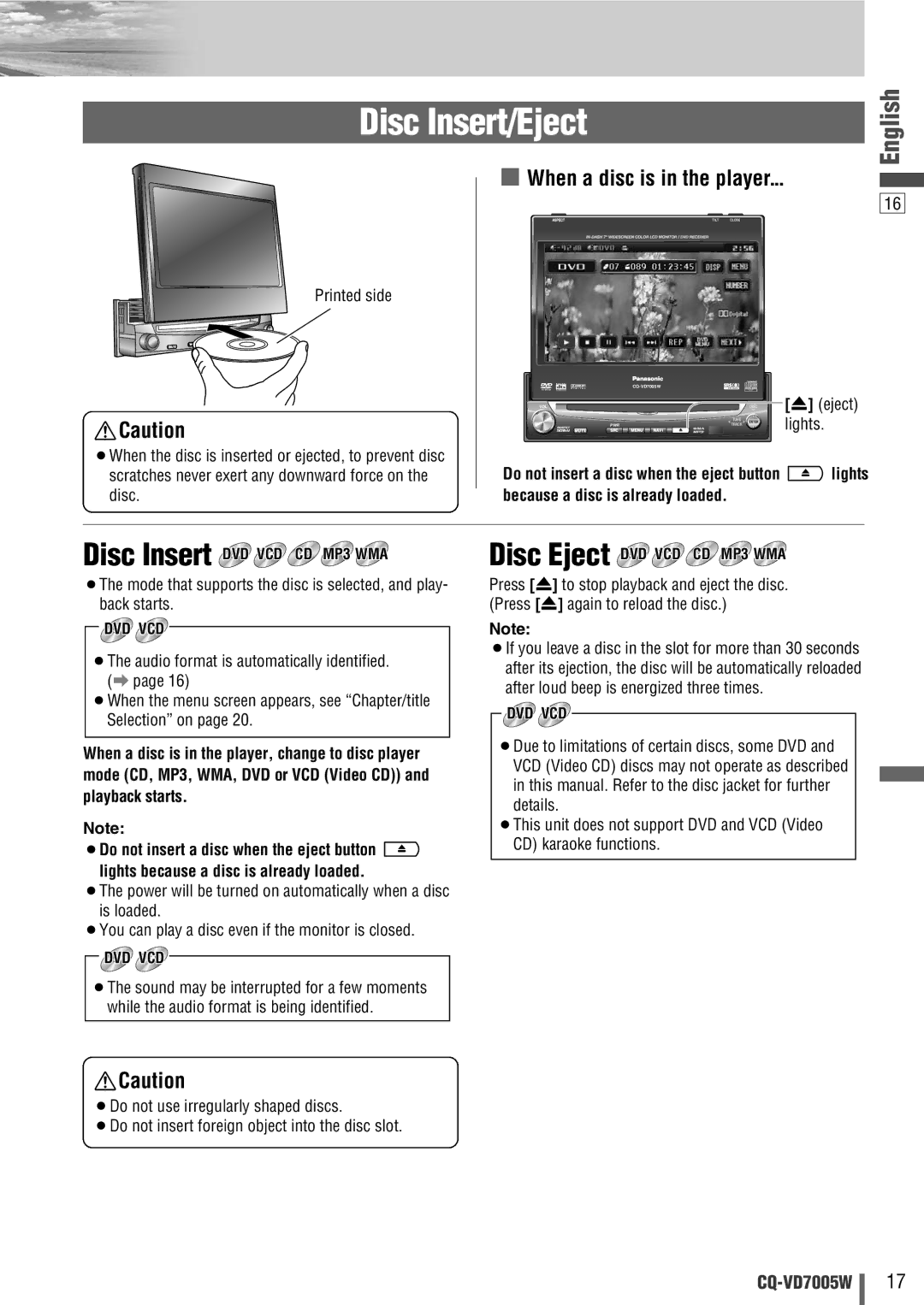 Panasonic CQ-VA7005W manual Disc Insert/Eject, When a disc is in the player 