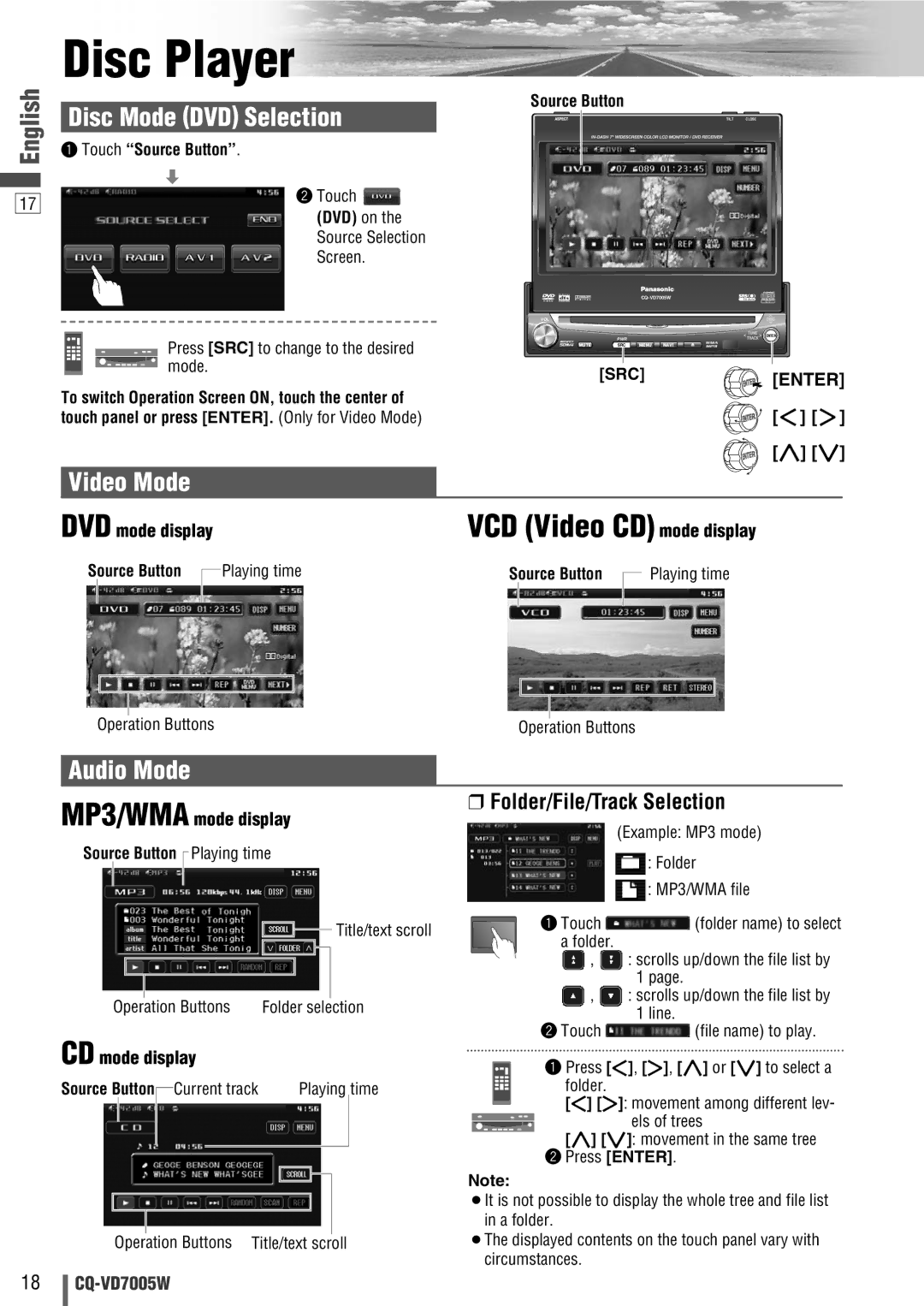 Panasonic CQ-VA7005W manual Disc Player, VCD Video CD mode display, Disc Mode DVD Selection, Video Mode, Audio Mode 