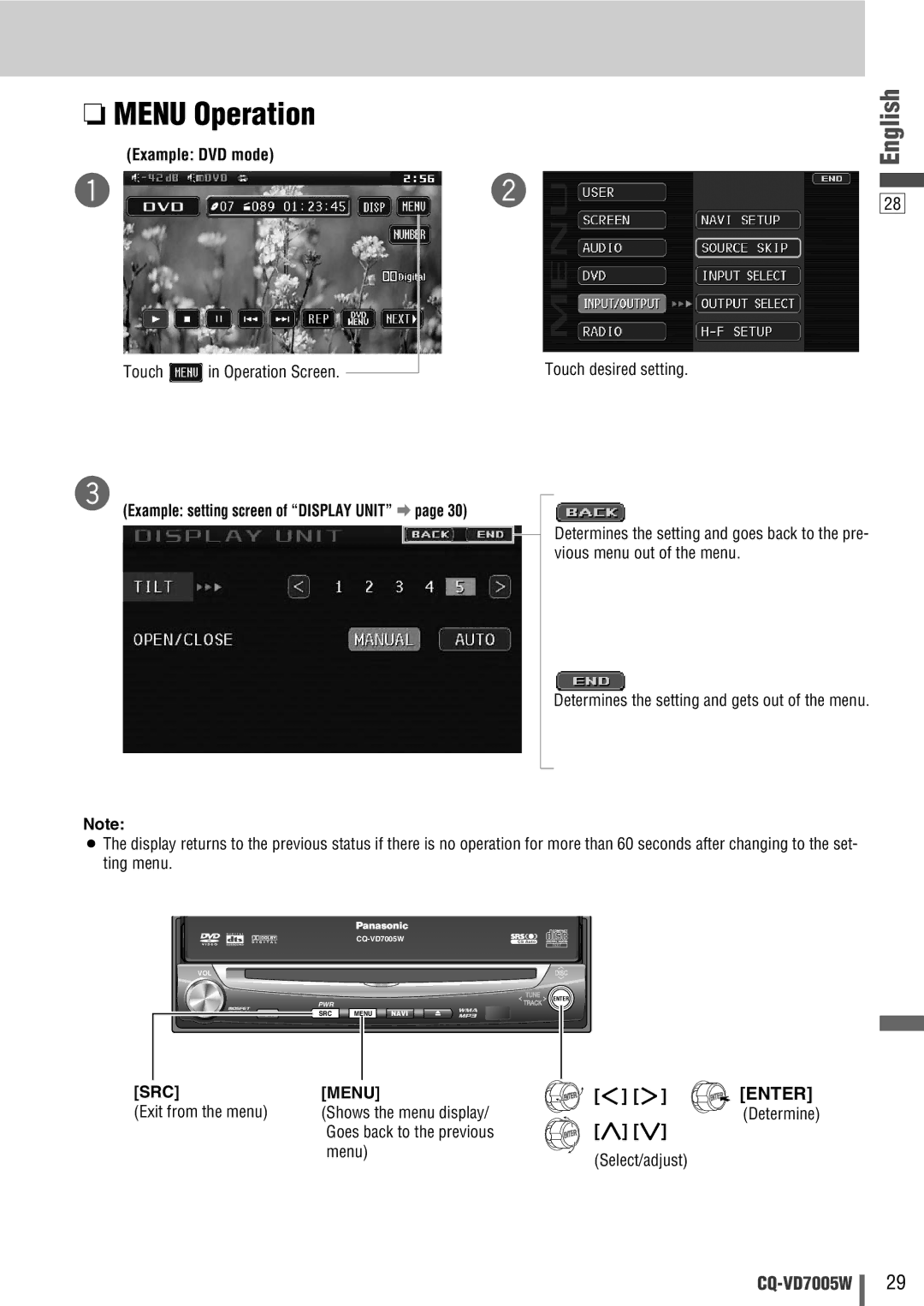 Panasonic CQ-VA7005W manual Menu Operation, Example setting screen of Display Unit a, Select/adjust 