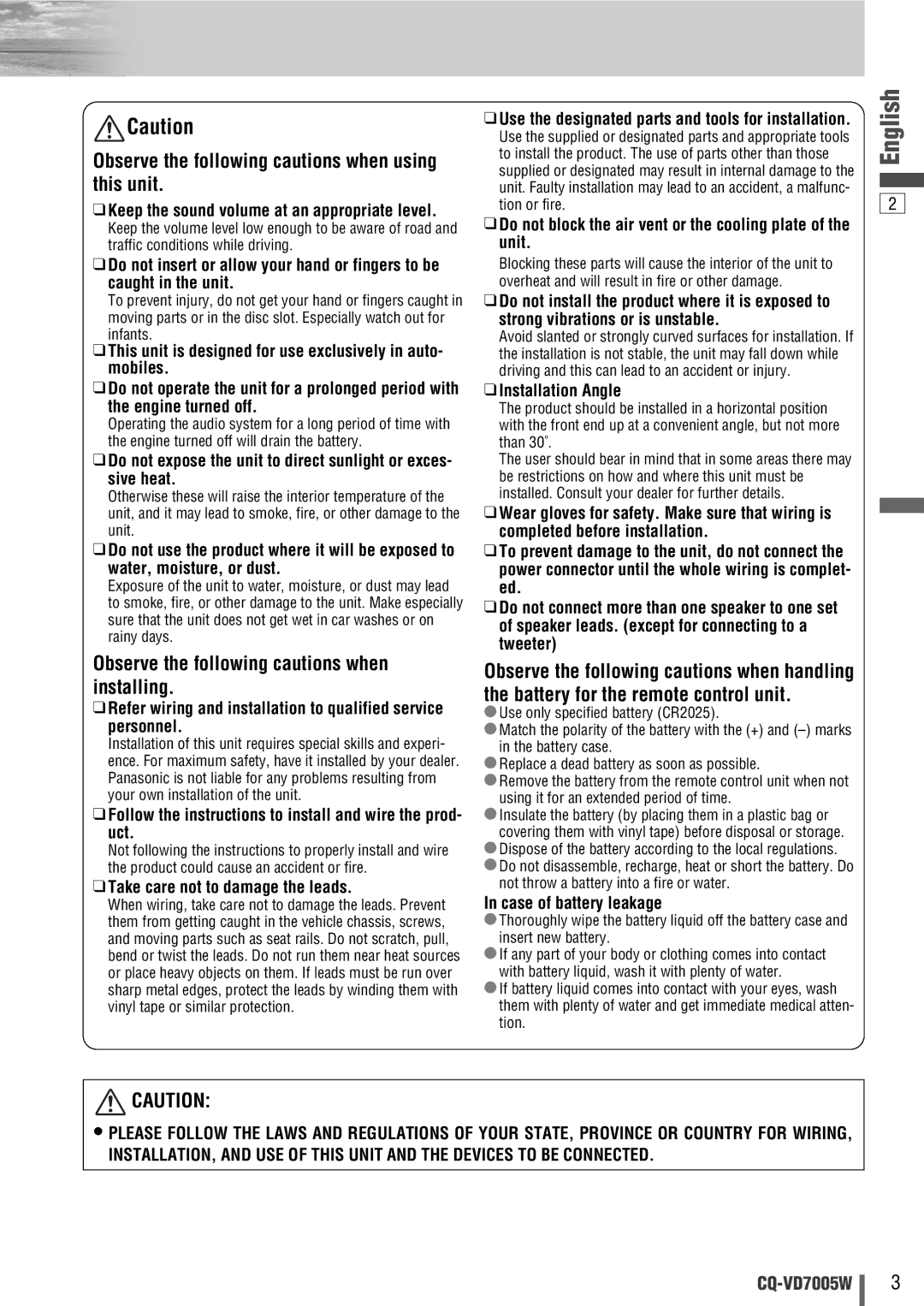 Panasonic CQ-VA7005W Observe the following cautions when using this unit, Observe the following cautions when installing 