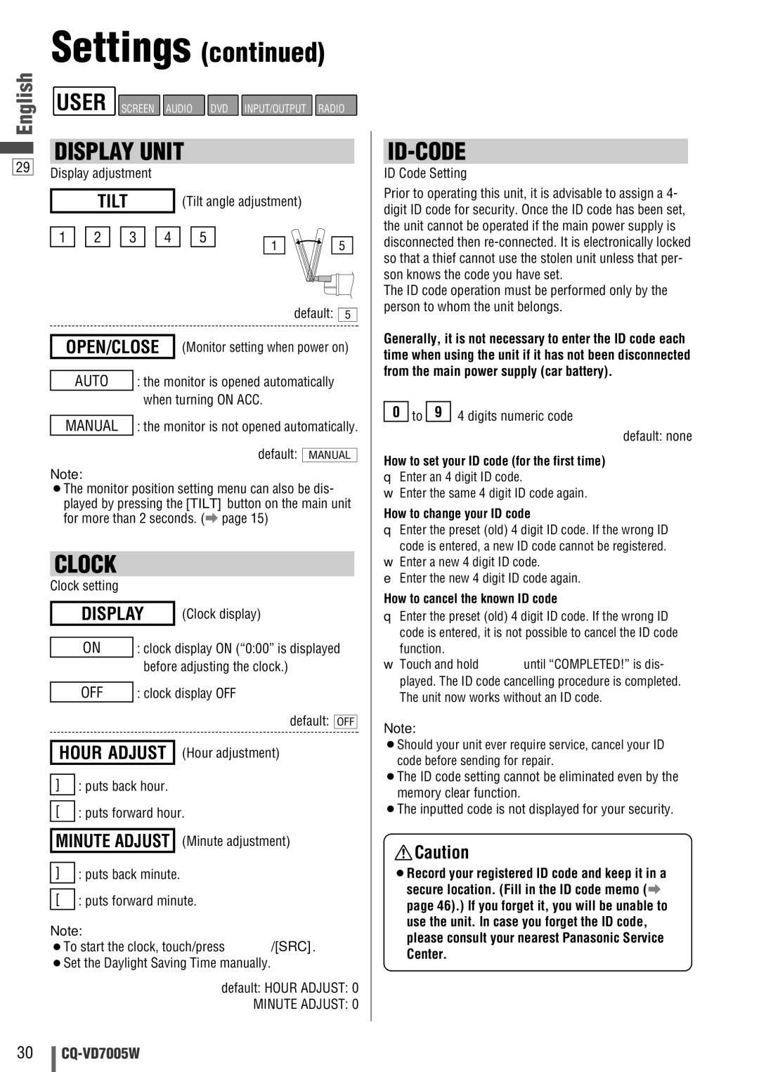 Panasonic CQ-VA7005W manual Display, How to set your ID code for the first time, How to change your ID code 