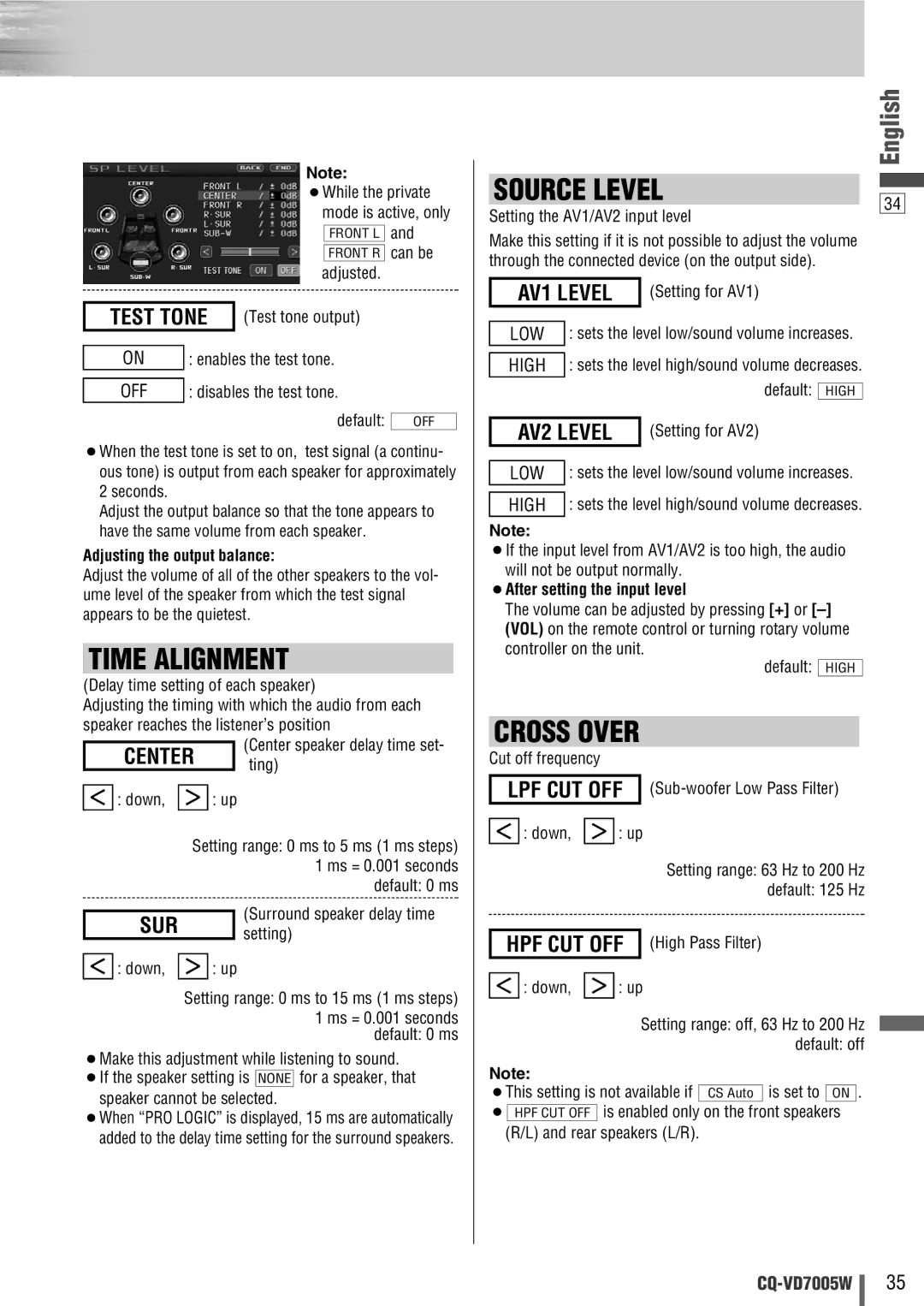 Panasonic CQ-VA7005W manual Center ting, AV1 Level, AV2 Level, Adjusting the output balance, ¡After setting the input level 