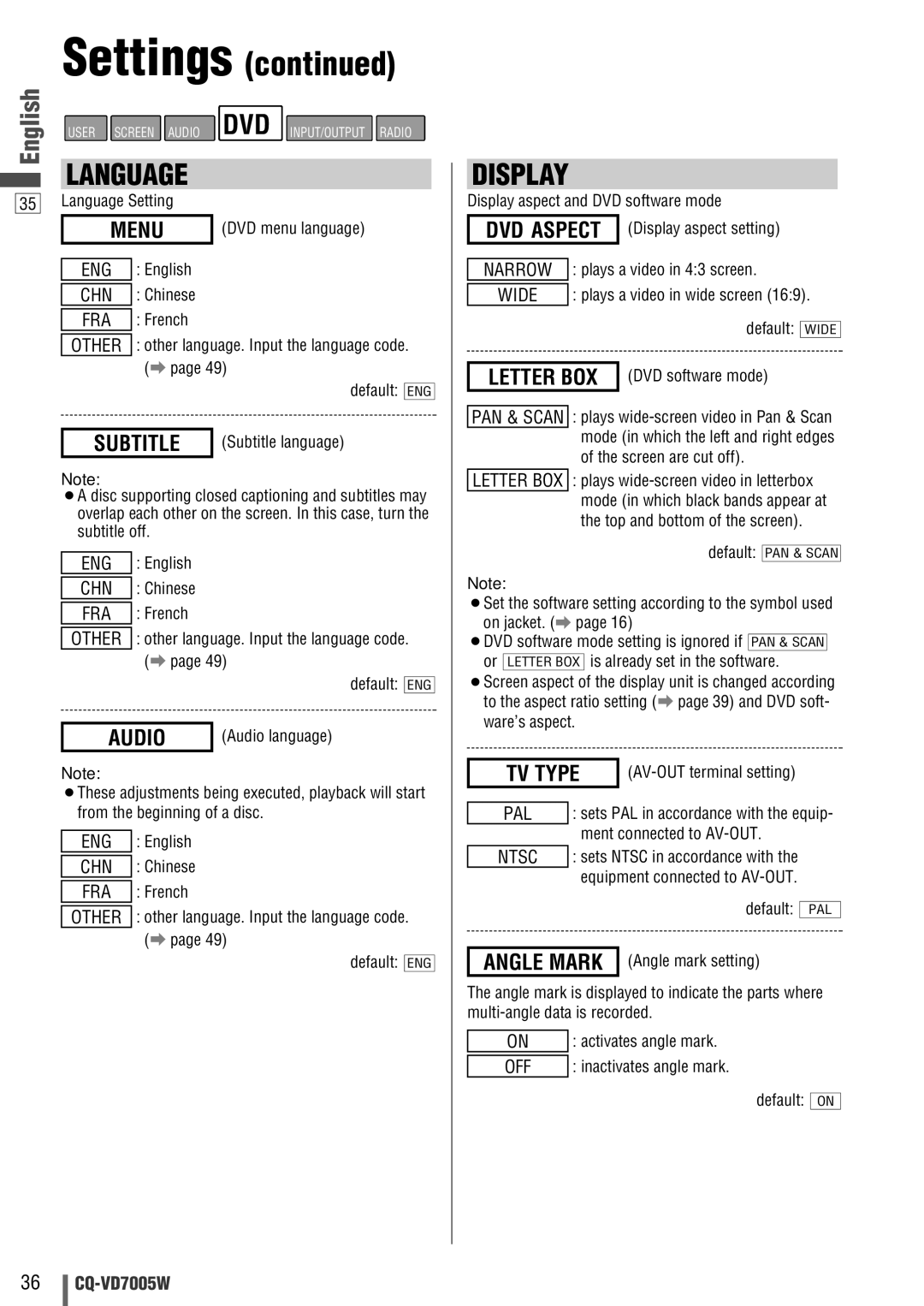 Panasonic CQ-VA7005W manual Menu, Subtitle, Audio 