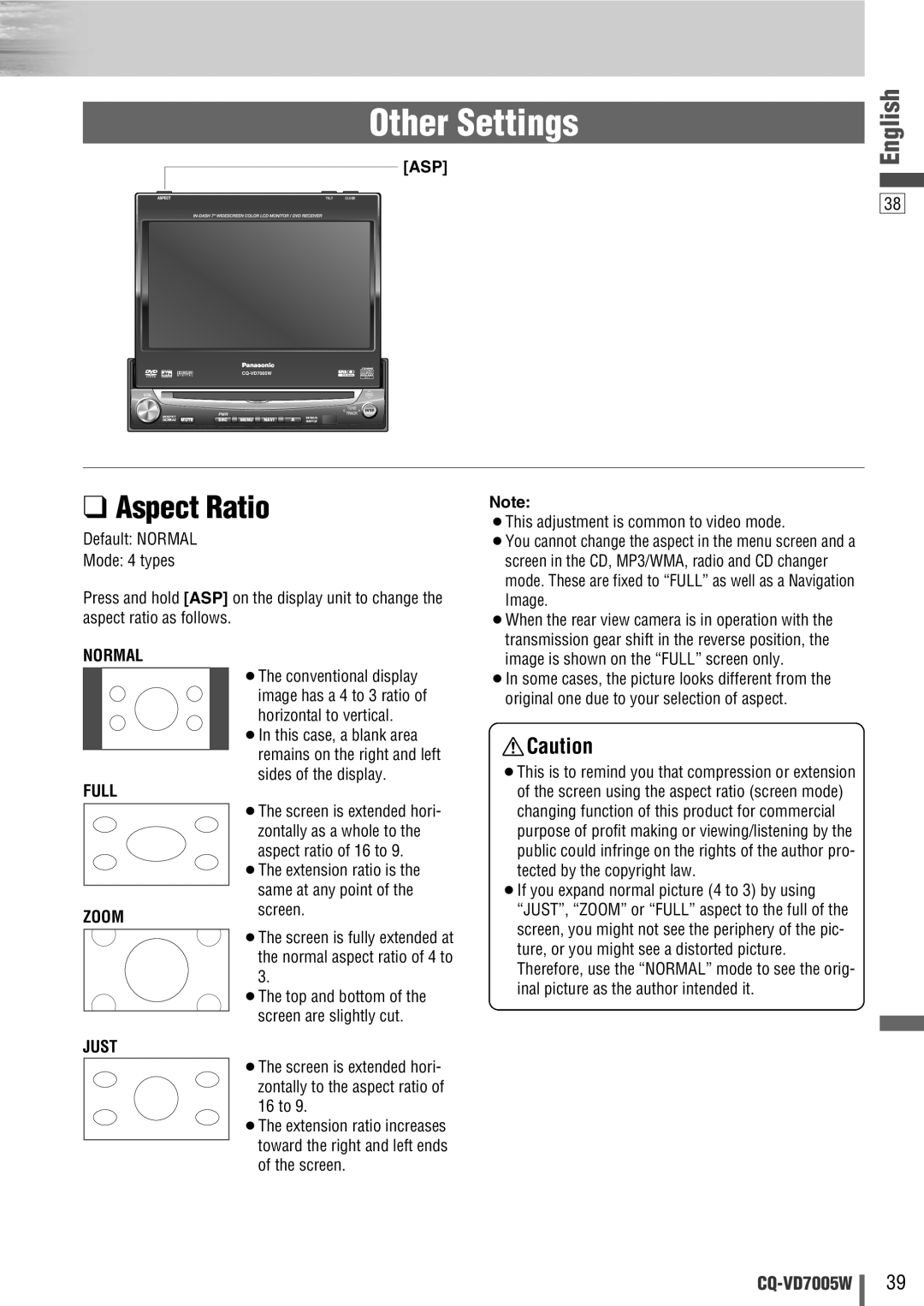 Panasonic CQ-VA7005W manual Aspect Ratio 