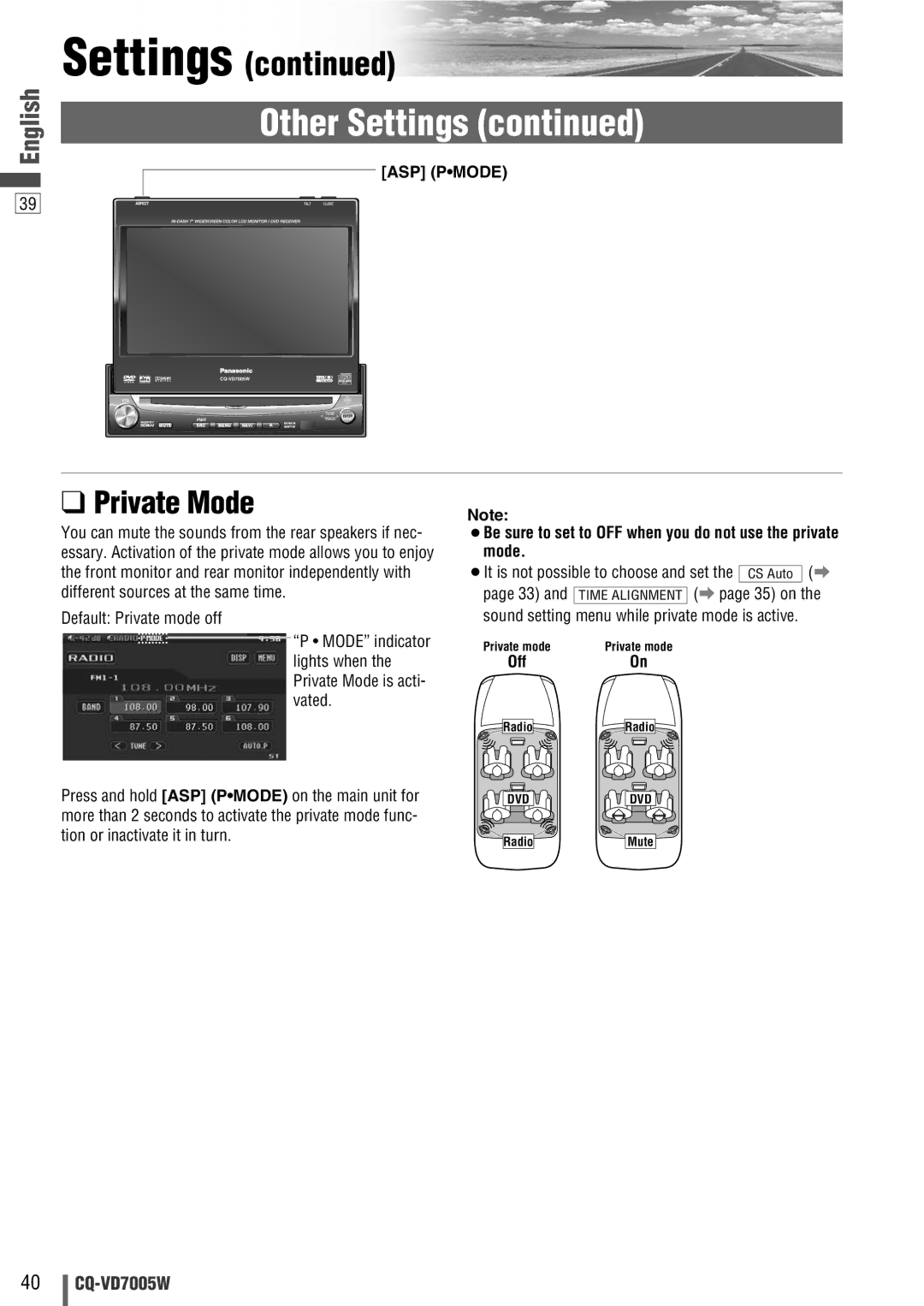 Panasonic CQ-VA7005W manual Private Mode, ASP Pmode, ¡Be sure to set to OFF when you do not use the private mode 