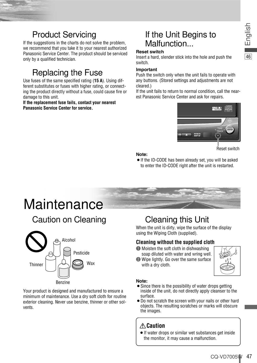 Panasonic CQ-VA7005W manual Maintenance 