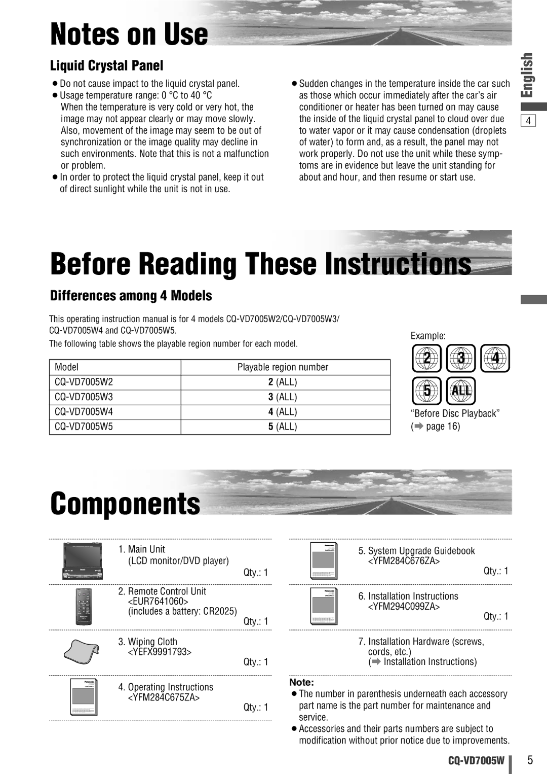 Panasonic CQ-VA7005W manual Before Reading These Instructions, Components 