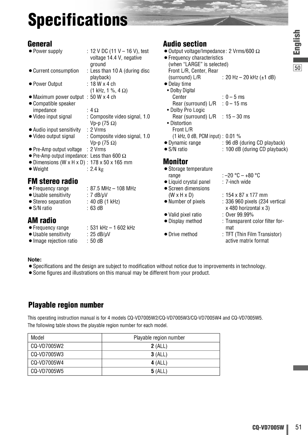 Panasonic CQ-VA7005W manual Specifications 