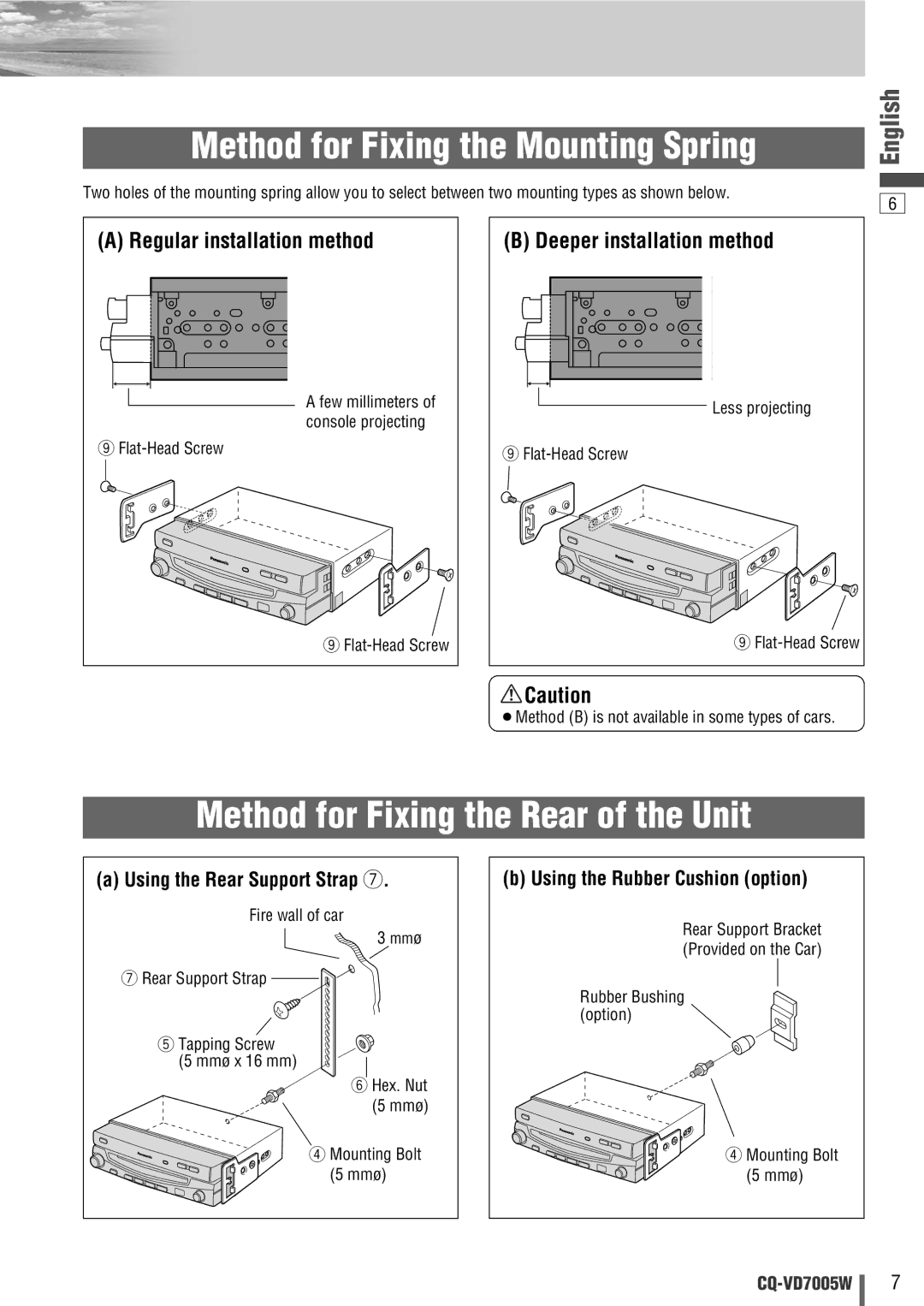 Panasonic CQ-VA7005W manual Method for Fixing the Mounting Spring, Method for Fixing the Rear of the Unit 