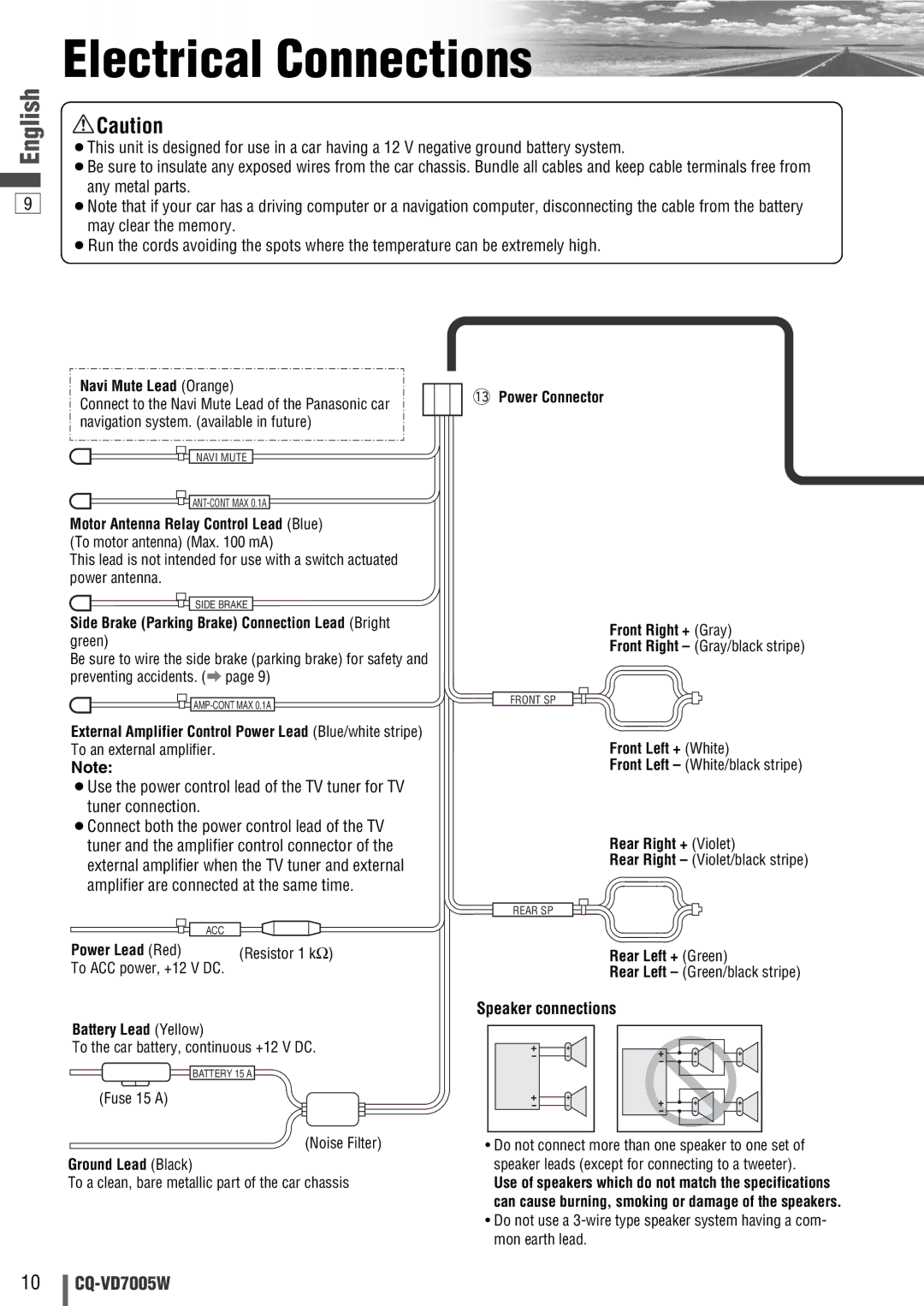 Panasonic CQ-VA7005W manual Electrical Connections, Speaker connections 