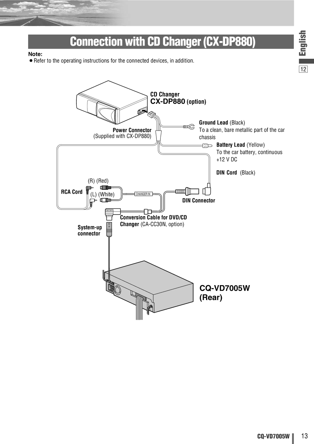 Panasonic CQ-VA7005W manual Connection with CD Changer CX-DP880, CX-DP880 option, Battery Lead Yellow 