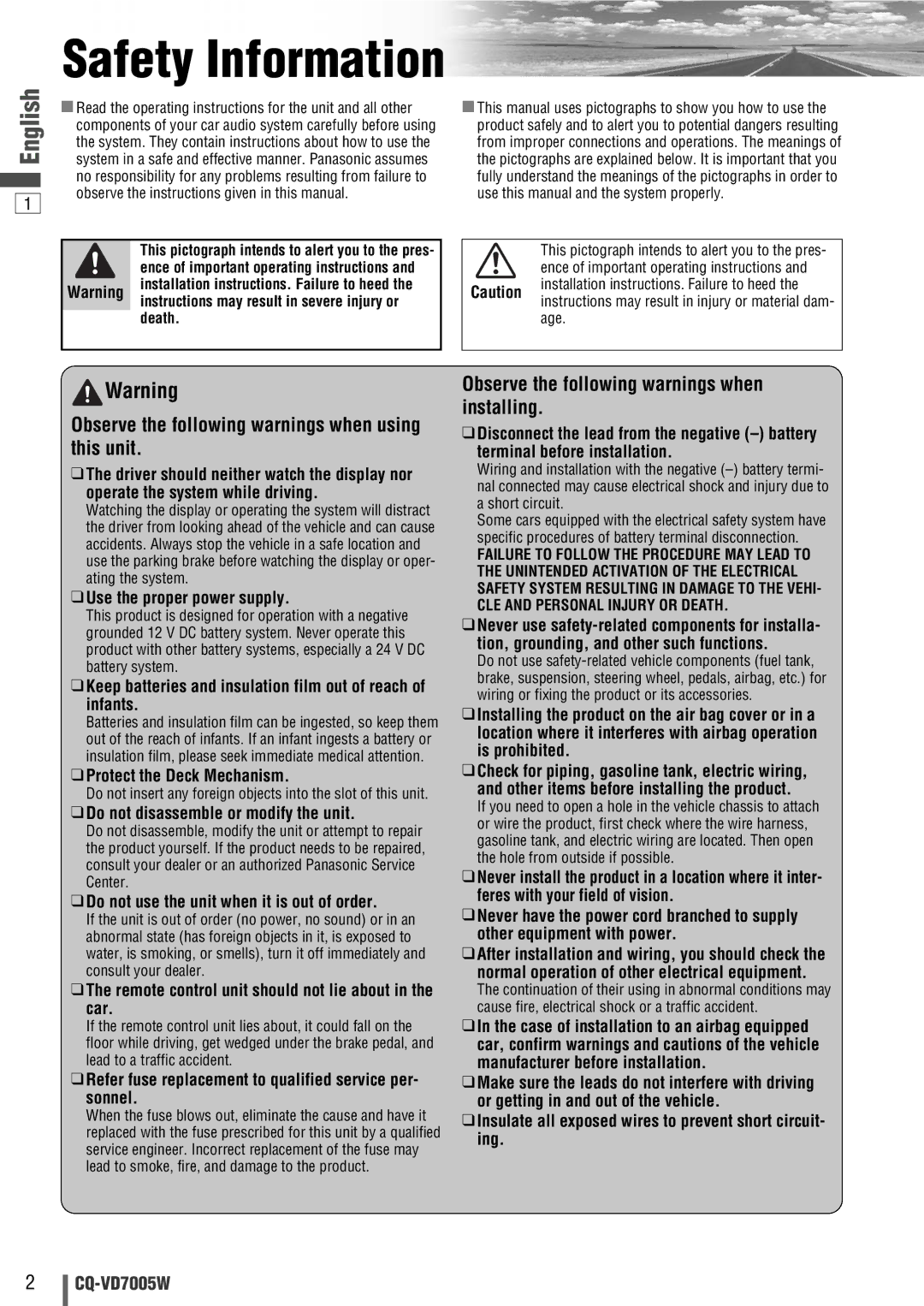 Panasonic CQ-VA7005W manual Safety Information 